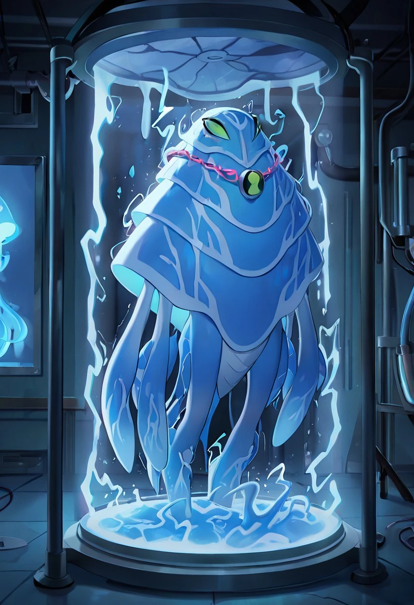 masterpiece, best quality, amazing quality, very aesthetic, absurdres, newest,, detailed background,
ampfibian, full body, pokemon (creature), no humans, colored sclera, green eyes, blue skin, tentacles, extra eyes, colored skin, squid, jellyfish, no mouth,
inside test chamber, chained neck, neck chains, test tubes, blue electricity,