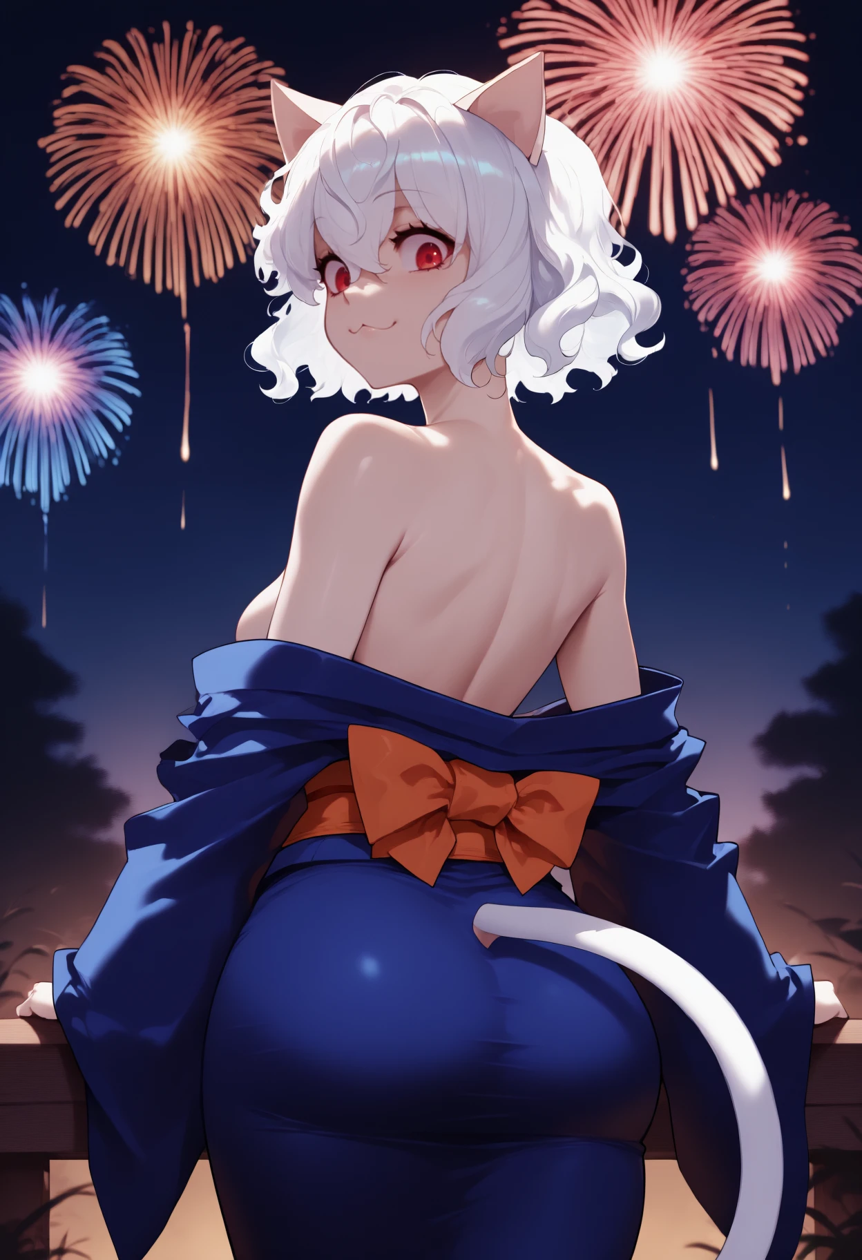 1girl, furina \(genshin impact\), genshin impact
\\\\\ masterpiece, best quality, newest ///// nyantcha, khyle, cutesexyrobutts \\\\\ outside border , blue eyes , skindentation , straight-on , solo , squishy breasts , kimono , night , outdoors , fireworks , cropped legs , short hair