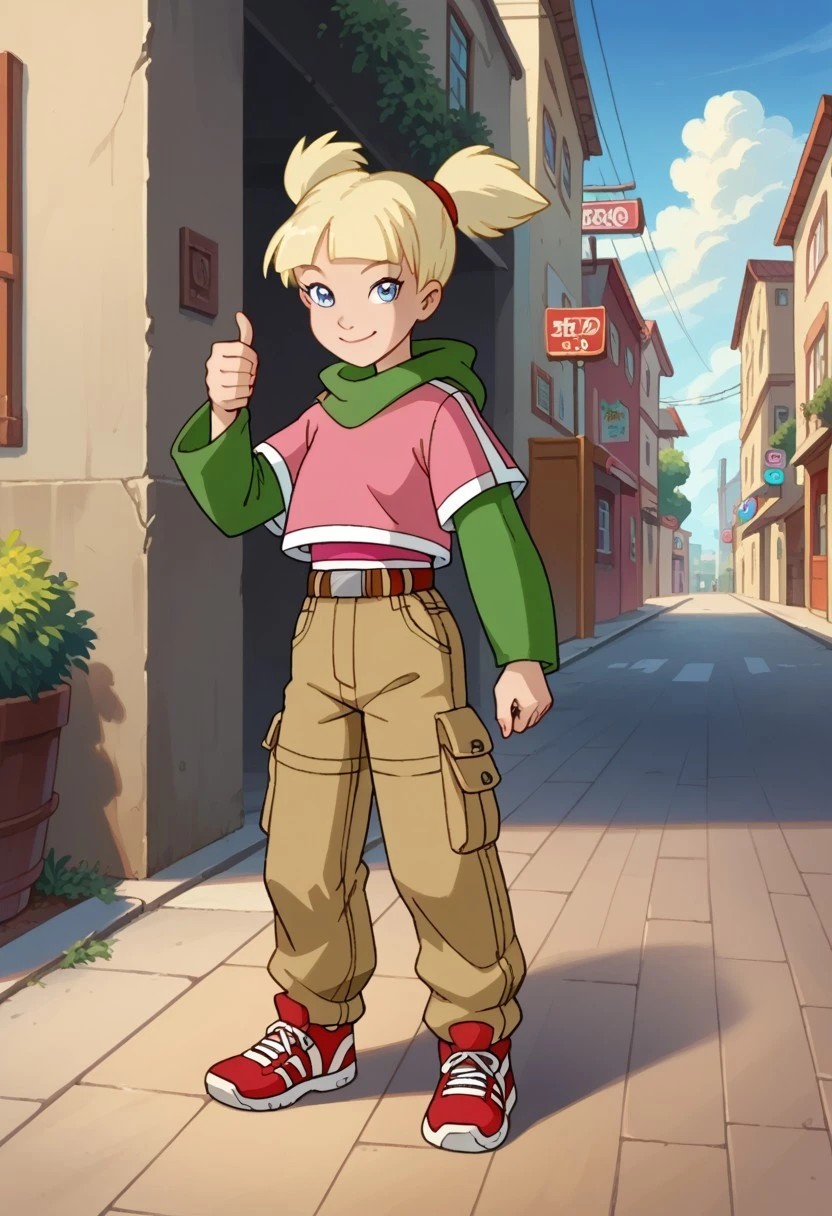 score_8, score_8_up, score_7_up, official art, source_cartoon, 1girl, solo, female focus, pe&tg, blonde hair, short twintails, red ponytail holder, blue eyes, smile, looking at viewer,&tg_def, green hood, pink croptop, short over long sleeves, green sleeves, under undershirt, brown belt, belt buckle, cargo pants, sneakers, red footwear, standing, outdoors, street, standing, full body, thumbs up