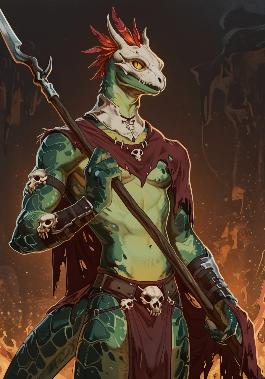 solo
BREAK
male, scalie, anthro, (reptile, green skin, lizardman, monster boy), toned male, horns, tail, navel, stomach, abs, pectorals
BREAK
skull, holding polearm, mask, torn cape, feathers, neckwear, skull helmet, skull mask, pelvic curtain, belt, wrist guards
BREAK
standing, unimpressed raised eyebrows, looking at viewer, legs together, cowboy shot
BREAK
3kz0nzz, high quality, highres, beautiful, detailed, masterpiece, best quality, absurdres, 8k, HDR, saturated, crosshatching, dark souls \(series\)