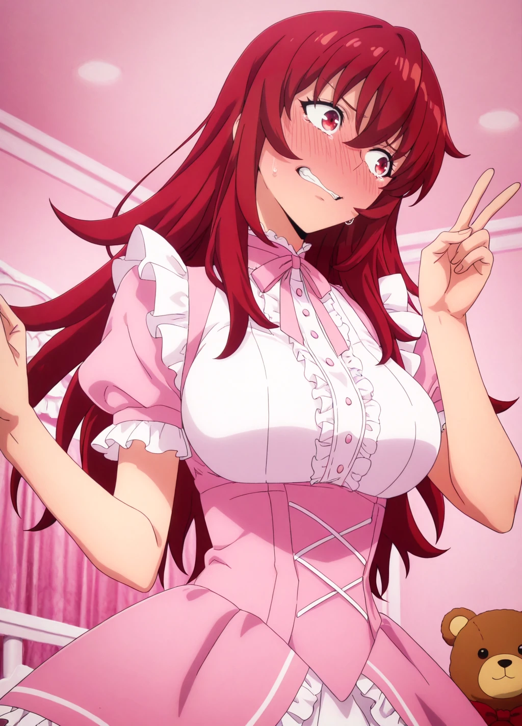 indoors, pink theme,maid cafe, pink room,
anime screencap,anime coloring,
dynamic pose,head tilt,
(masterpiece, best quality:1.2),
<lora:Baek_Miho:0.8>, miho1, 1girl, solo, long hair, red hair, breasts, red eyes,large breasts, hair between eyes,v,v,nervous smile, wavy mouth,
pink gothic, embarrassed, looking to the side, tears, full-face blush, clenched teeth, pink frilled dress, frills, cute,teddy bear,
<lora:add-detail-xl:1>,