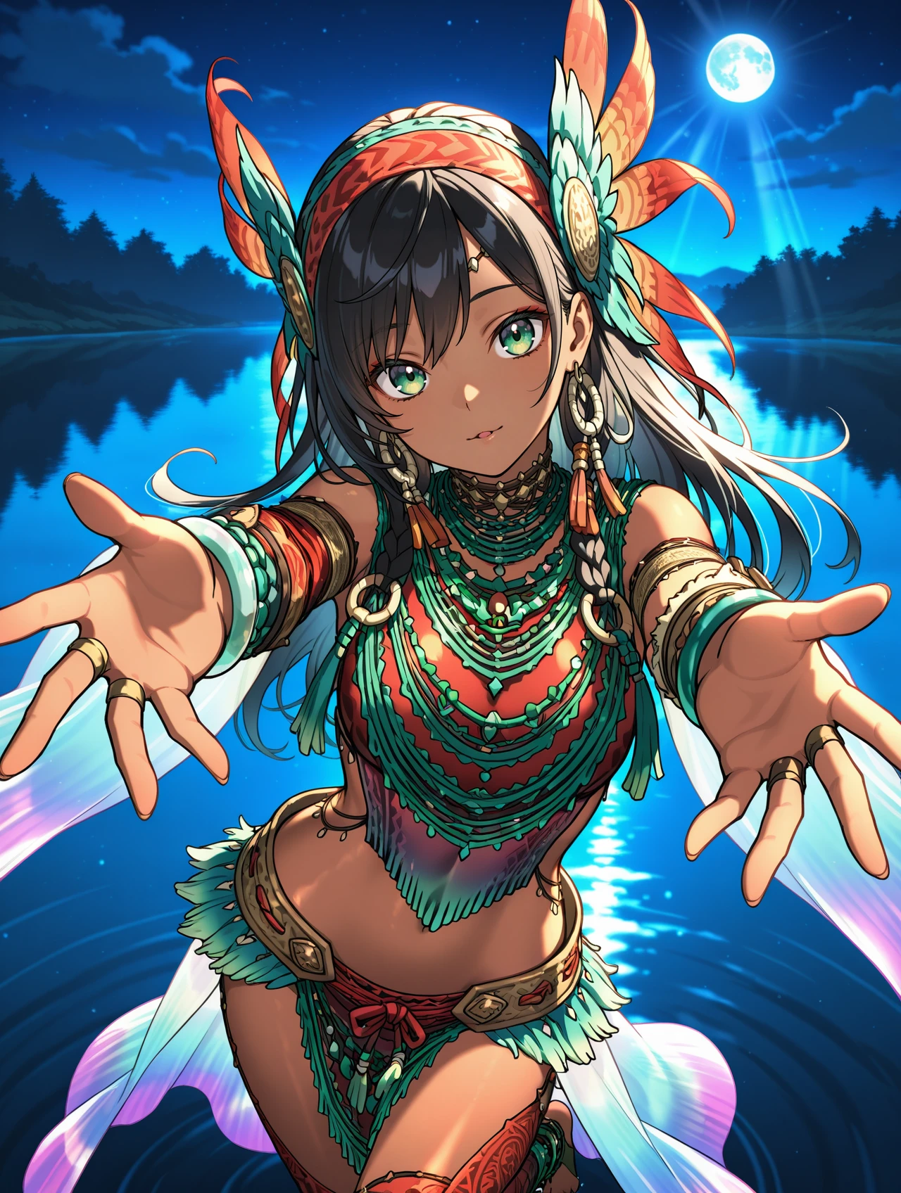 uth duna armor,solo,dark-skinned female,covered navel,green eyes,black hair,barefoot,long hair,standing,looking at viewer,dancing,standing,1girl,orange feather headdress,orange halterneck,orange asymmetrical gloves,green loincloth,orange toeless legwear,see-through waist cape,see-through long sleeves,tribal earrings,lake,:o,knee up,outstretched arms,head tilt,light smile,night sky,moon,light rays,reflection,upper body,closed eyes,reaching towards viewer,from above,
masterpiece,best quality,amazing quality,very aesthetic,absurdres,newest,<lora:Uth Duna Armor illuXL v1.4:0.77>,<lora:wai-2Rectified-V140:0.7>,