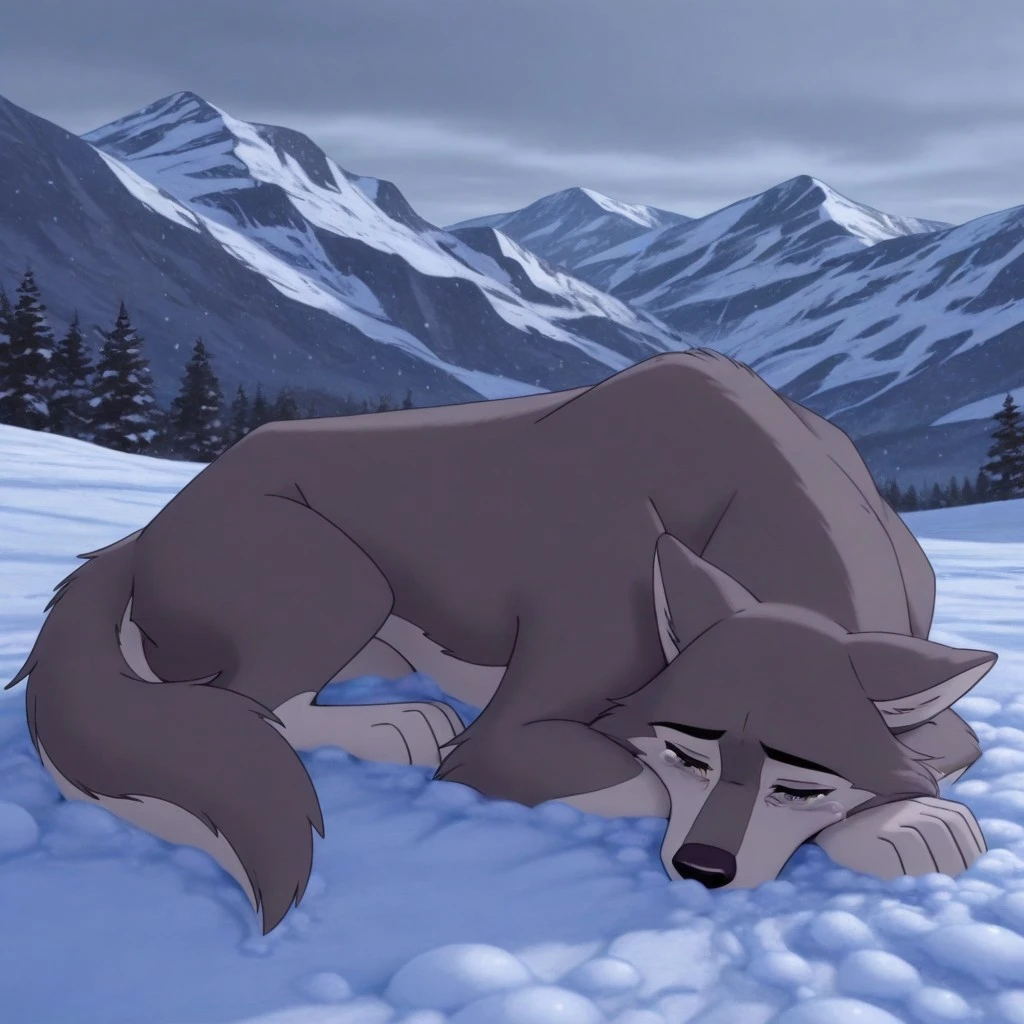 score_9, score_8_up, score_7_up, source_furry, Dustyblto, husky, solo, feral, full body, sad, tears, head down, lying on stomach, lying in snow, snowing, mountains, Alaska location, masterpiece, best quality, amazing quality, absurdres, newest, high res, ultra detailed, best quality, best artwork, detailed eyes, (eyes focus), perfect eyes, big iris, pupils visible, 4k, ultra quality, perfect face