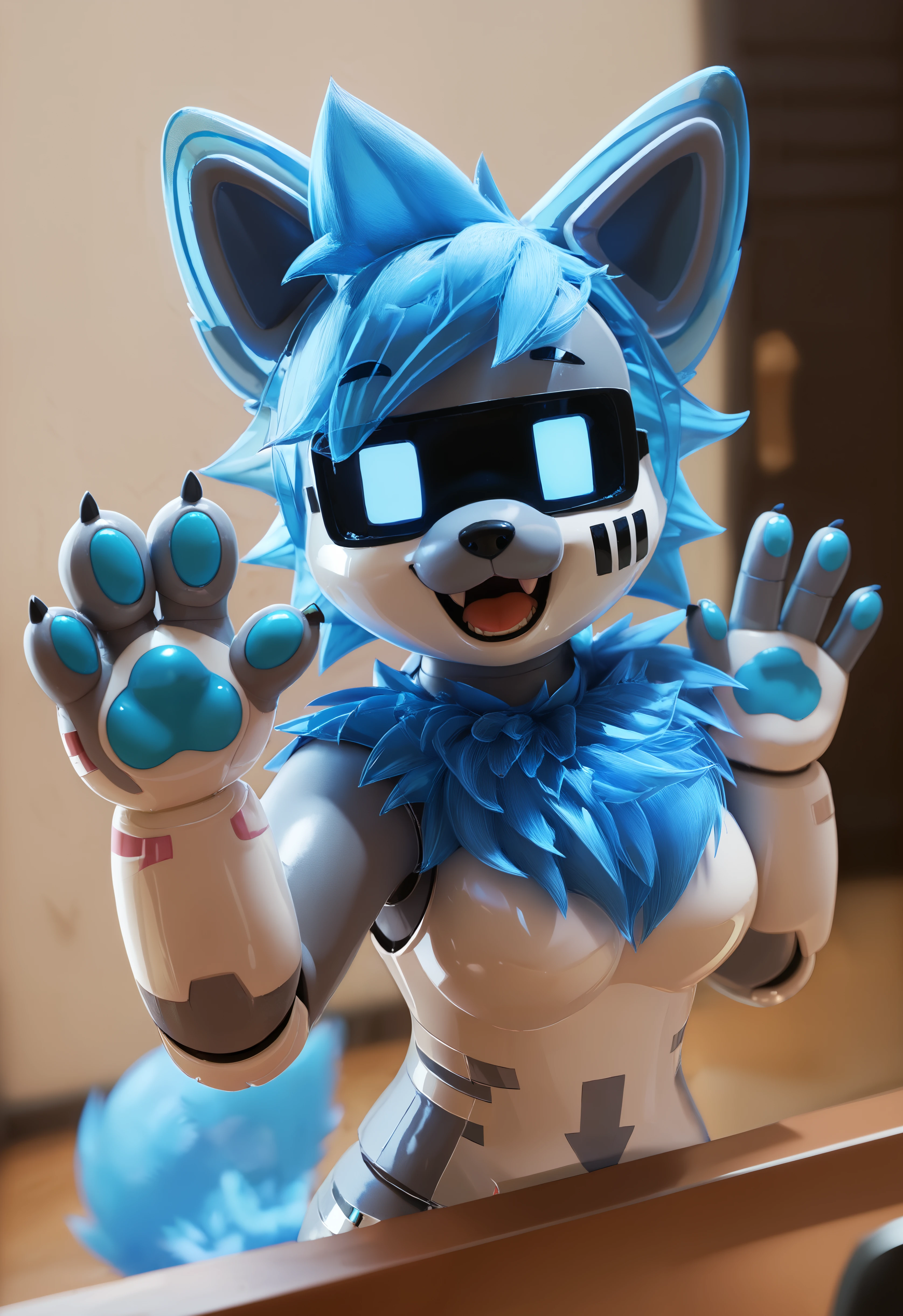 score_9, score_8_up, score_7_up, source_furry, high quality, hires, furry, anthro, looking at viewer, barefoot, adult, dutch angle, robot, pr0t0type, changed, solo, furry, tail, looking at viewer, open mouth, smile, standing, hand up, (upper body:1.15), fangs, waving, selfie, tail, ^_^, metal body, blue hair, (close up, full face shot, headshot:1.25), athro, furry, lusty, pawpads, waving, chest tuft, selfie, tail, ^_^, side view <lora:Prototype_Changed_Pony:0.7>