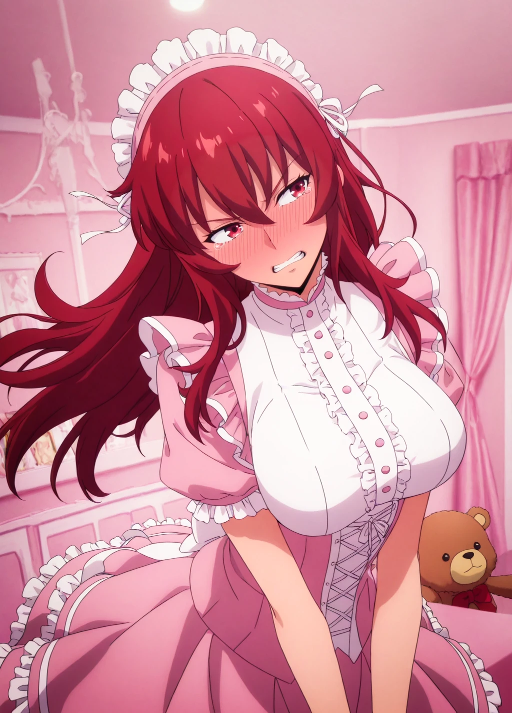 indoors, pink theme,maid cafe, pink room,
anime screencap,anime coloring,
dynamic pose,head tilt,
(masterpiece, best quality:1.2),
<lora:Baek_Miho:0.8>, miho1, 1girl, solo, long hair, red hair, breasts, red eyes,large breasts, hair between eyes,v,v,nervous smile, wavy mouth,
pink gothic, embarrassed, looking to the side, tears, full-face blush, clenched teeth, pink frilled dress, frills, cute,teddy bear,
<lora:add-detail-xl:1>,