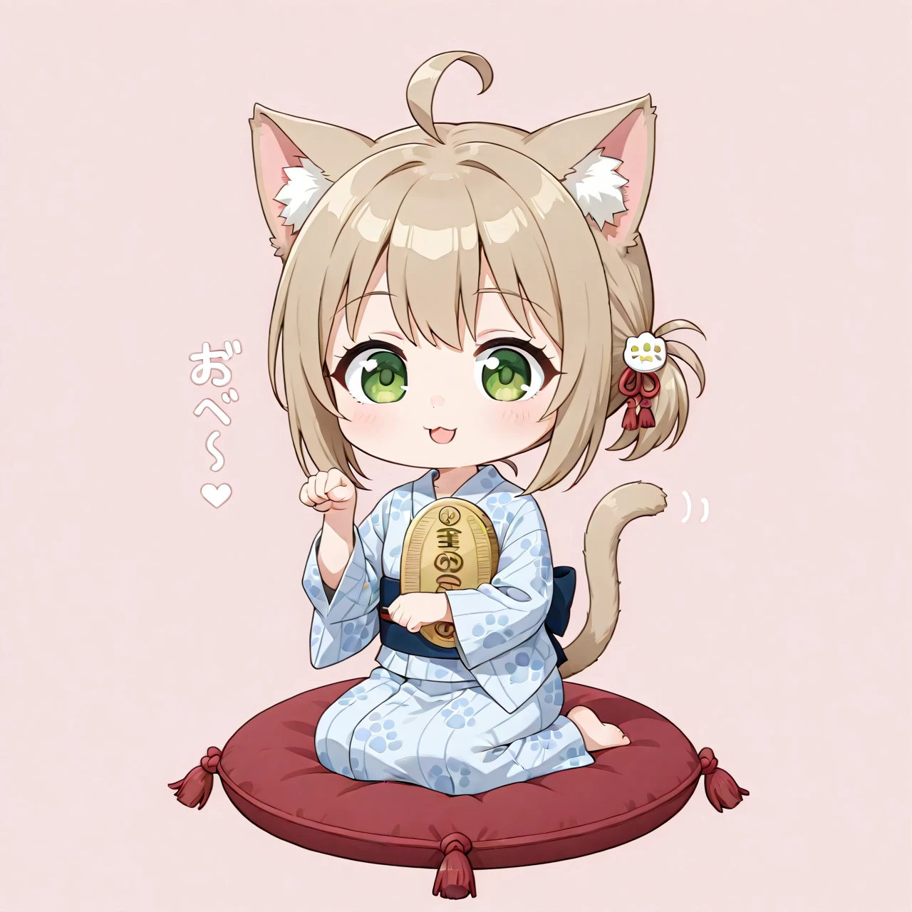 <lora:æãç«+å°å¤:1> chibi cat girl, one paw pose, other paw hugging a oval-coin, sitting on cushion, yukata
