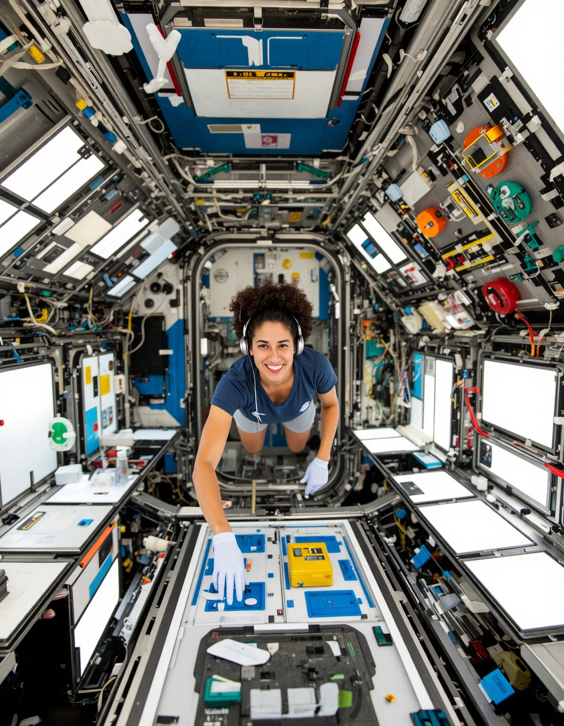 A high-resolution interior portrait from the International Space Station, showing a female astronaut floating mid-frame, framed by tangled cables and gleaming instruments. She wears a short-sleeved navy-blue workout shirt with a headset over her head and a cheerful expression. Her skin is warm-toned, and her curly dark hair floats slightly in microgravity. A science workstation packed with pipettes, vials, and toolkits fills the background. She reaches forward with gloved hands to operate a sealed experiment chamber. Soft white LED panels cast even light across her expressive face, filled with focus and quiet joy.
(activation: photorealistic, masterpiece, ISS interior, female astronaut, science module, cinematic lighting, microgravity)
