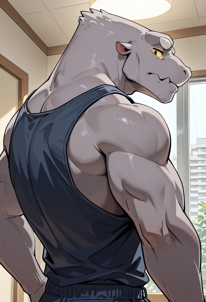 masterpiece, best quality, amazing quality, very aesthetic, absurdres, newest, high quality, detailed, male, solo male, Leeds, 1boy, mature male, male, athletic build, anthro, monster, grey skin, white eyebrows, animal ears, black eyes, yellow sclera, broad shoulders, tank top, indoors, apartment, looking at viewer, standing, close up, bust shot, focus on face, profile picture, bust focus