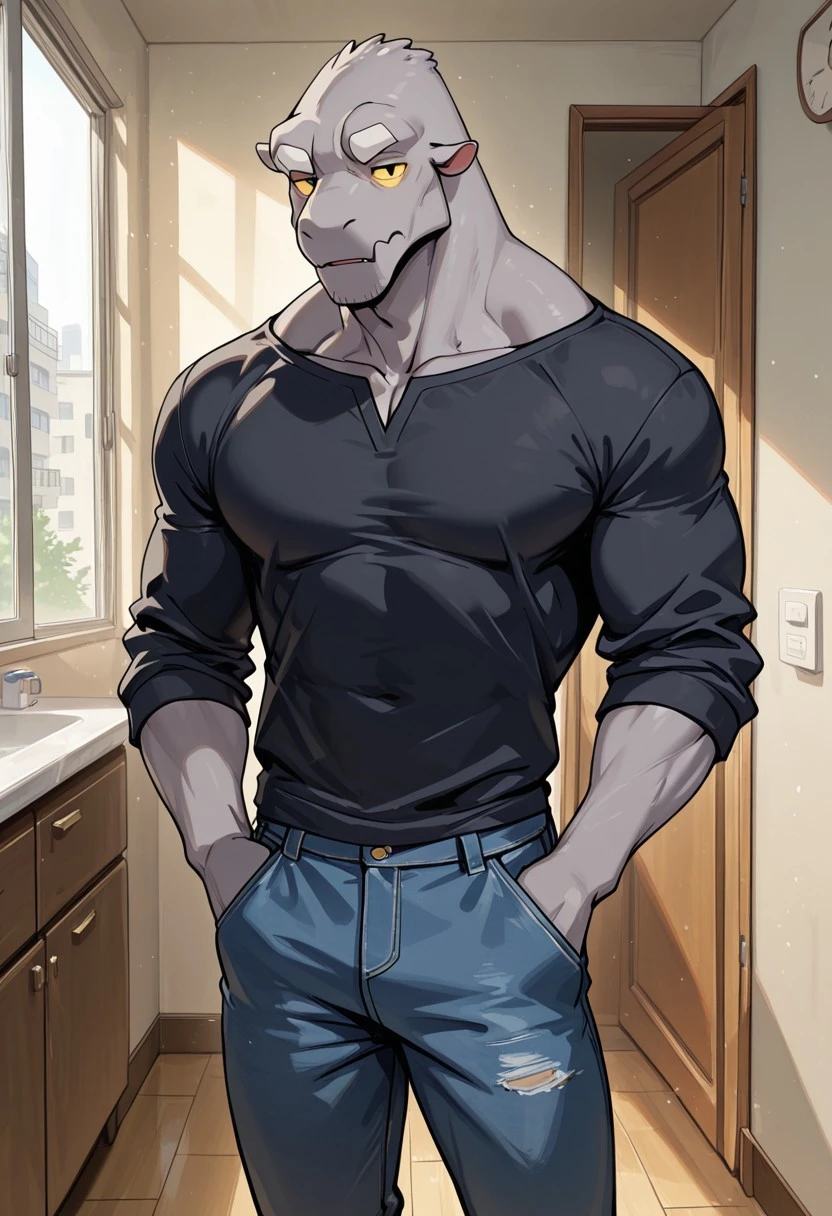 masterpiece, best quality, amazing quality, very aesthetic, absurdres, newest, high quality, detailed, male, solo male, Leeds, 1boy, mature male, male, athletic build, anthro, monster, grey skin, white eyebrows, animal ears, black eyes, yellow sclera, broad shoulders, black shirt, jeans, indoors, apartment, looking at viewer, standing, half body, volumetric lighting, hands in pockets