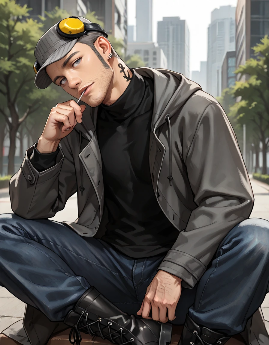 masterpiece, best quality, absurdres, newest, perfect quality, best quality, absolutely eye-catching, detailed background, intricate details, male focus, realistic, solo, <lora:Persona 5 - Munehisa Iwai - Illustrious 2_1-000006:0.7>, m_iwai, 1boy, mature male, grey hair, very short hair, grey eyes, long sideburns, stubble, neck tattoo, earrings, pinstripe hat, ear protection, grey long coat, black turtleneck, hood down, jeans, black boots, head tilt, come hither, looking at viewer, outdoors, city, trees, three quarter view, lollipopâââ in mouth, head tilt, sitting