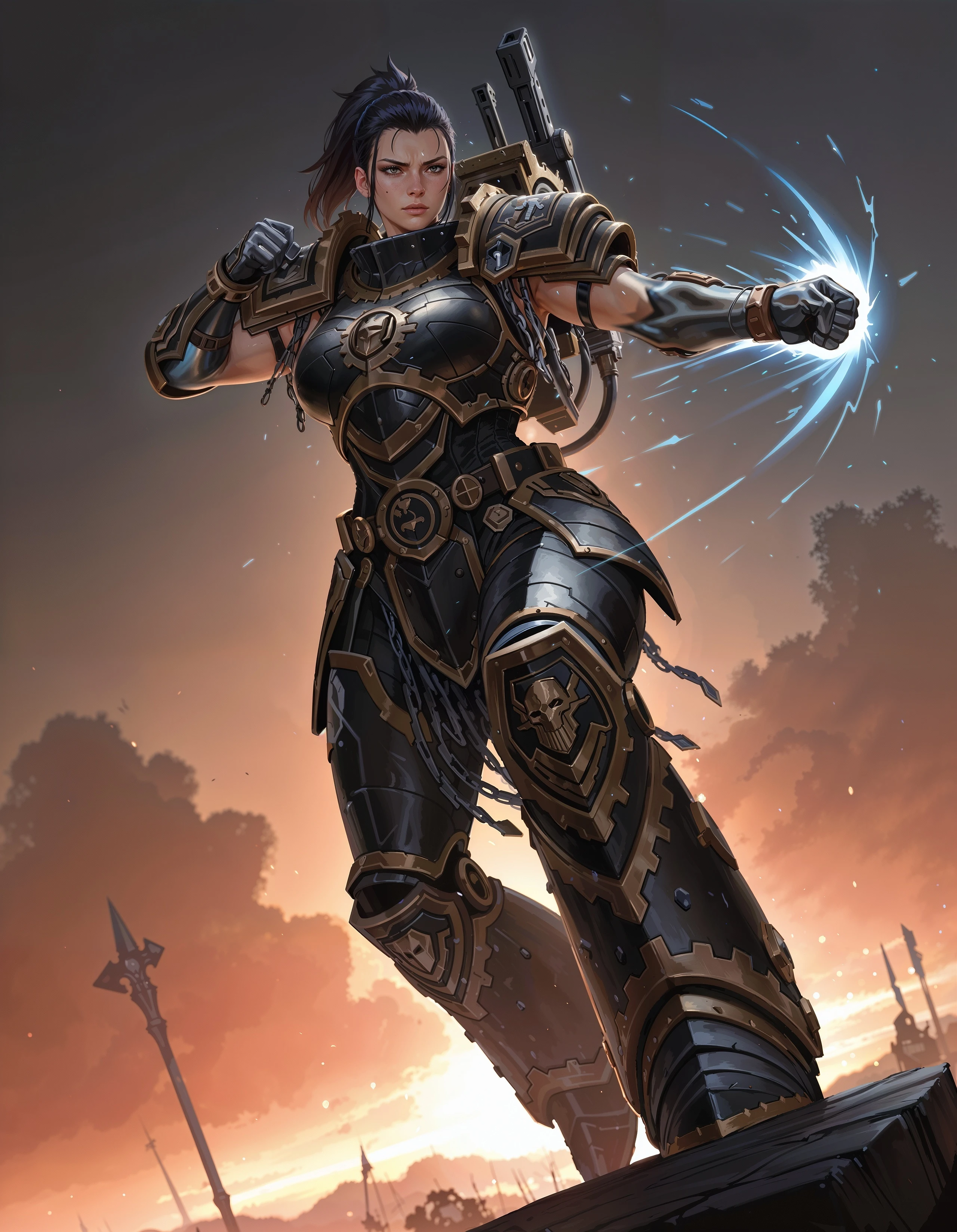 masterpiece, best quality,high quality, newest, highres,8K,HDR,absurdres, dynamic angle, realistic, 1girl, iLLFerrusM40k, solo, armor, metallic arms, punching, <lora:iLLFerrusM40k:1>