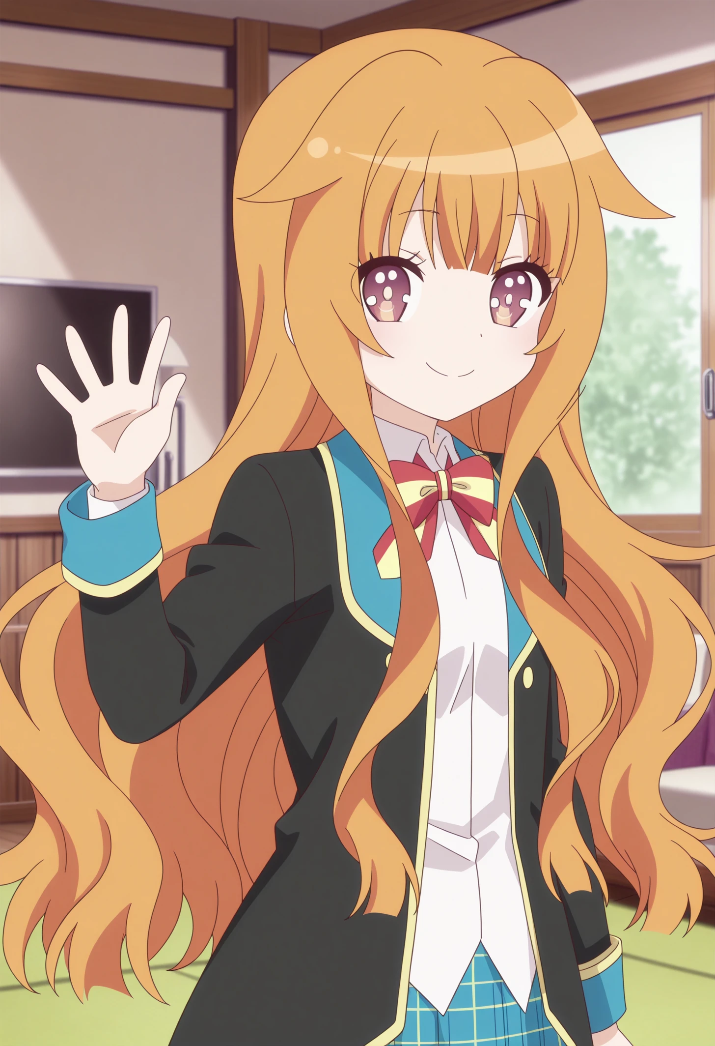 anime screencap, anime coloring,anime, best quality, 4k,
1girl, solo, gjbu mao, long hair, school uniform, blazer, <lora:illustriousXL GBBU Mao V2:1>
indoors, living room,
looking at viewer, smile,