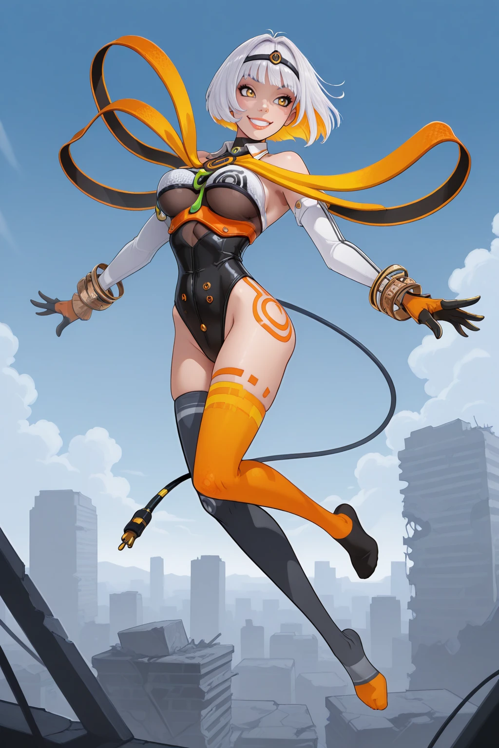make me the character renamon from digimon but in a human version of this same one make him have details or characteristics of renamon like his ears and tail and also make a full body image make him have nice and firm breasts and a light skin tone too Make him a curvy, sexy body with medium thighs that are neither too big nor too small and white hair