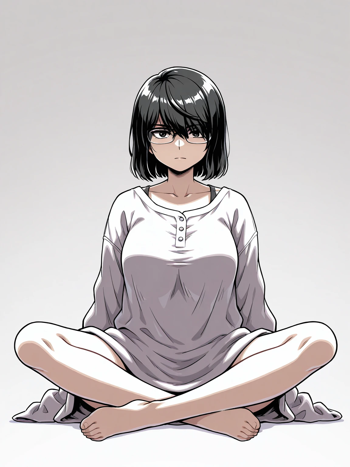 <lora:JsaoriIL:0.75> jsaori
sitting, crosslegged, oversized shirt, plain shirt