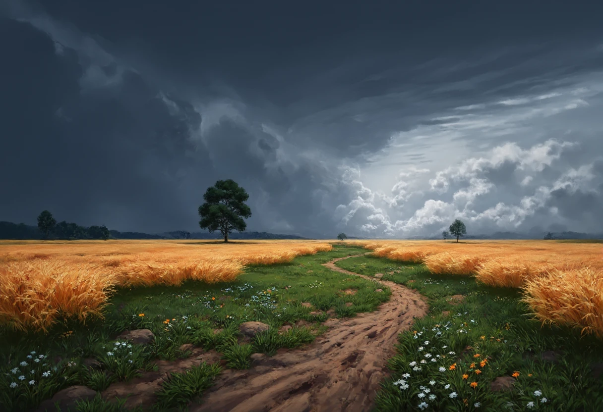 Au_cncpt. This is a digital painting depicting a dramatic, stormy landscape. The scene is dominated by a massive, dark, ominous cloud on the left side of the image, with lighter, wispy clouds and a sun breaking through on the right, casting a golden glow over the landscape. The sky transitions from deep, foreboding grey to a lighter, almost white hue near the horizon, creating a dramatic contrast.
In the foreground, a winding dirt path cuts through a lush, green field, flanked by tall, golden wheat fields that stretch out into the distance. The path is slightly worn and uneven, with a few puddles indicating recent rain. The ground is covered in a variety of wildflowers, including small white and blue blooms, adding splashes of color to the scene.
To the left, a lone, leafy tree stands tall, its branches swaying slightly, adding a solitary, almost defiant presence against the looming storm.