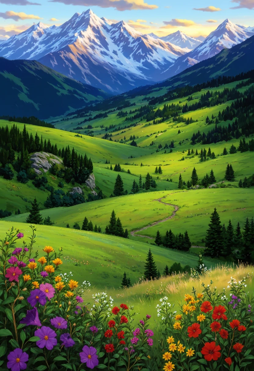 Au_cncpt. This is a vibrant, highly detailed digital painting depicting a picturesque, serene landscape at sunset. The scene is dominated by a lush, rolling landscape of verdant hills and valleys, stretching towards the horizon. The foreground is filled with a vibrant array of wildflowers in various stages of bloom, including purple, pink, red, and yellow flowers, adding a pop of color. The flowers are rendered with intricate details, showcasing their delicate petals and stems.
The midground features gently sloping hills, some covered in a mix of deciduous trees and coniferous evergreens, contributing to the lush, verdant appearance of the landscape. The background is dominated by two majestic, snow-capped mountains, their peaks glowing with a soft, golden light from the setting sun. The mountains are rendered with dramatic, detailed textures and shading, giving a sense of depth and scale.