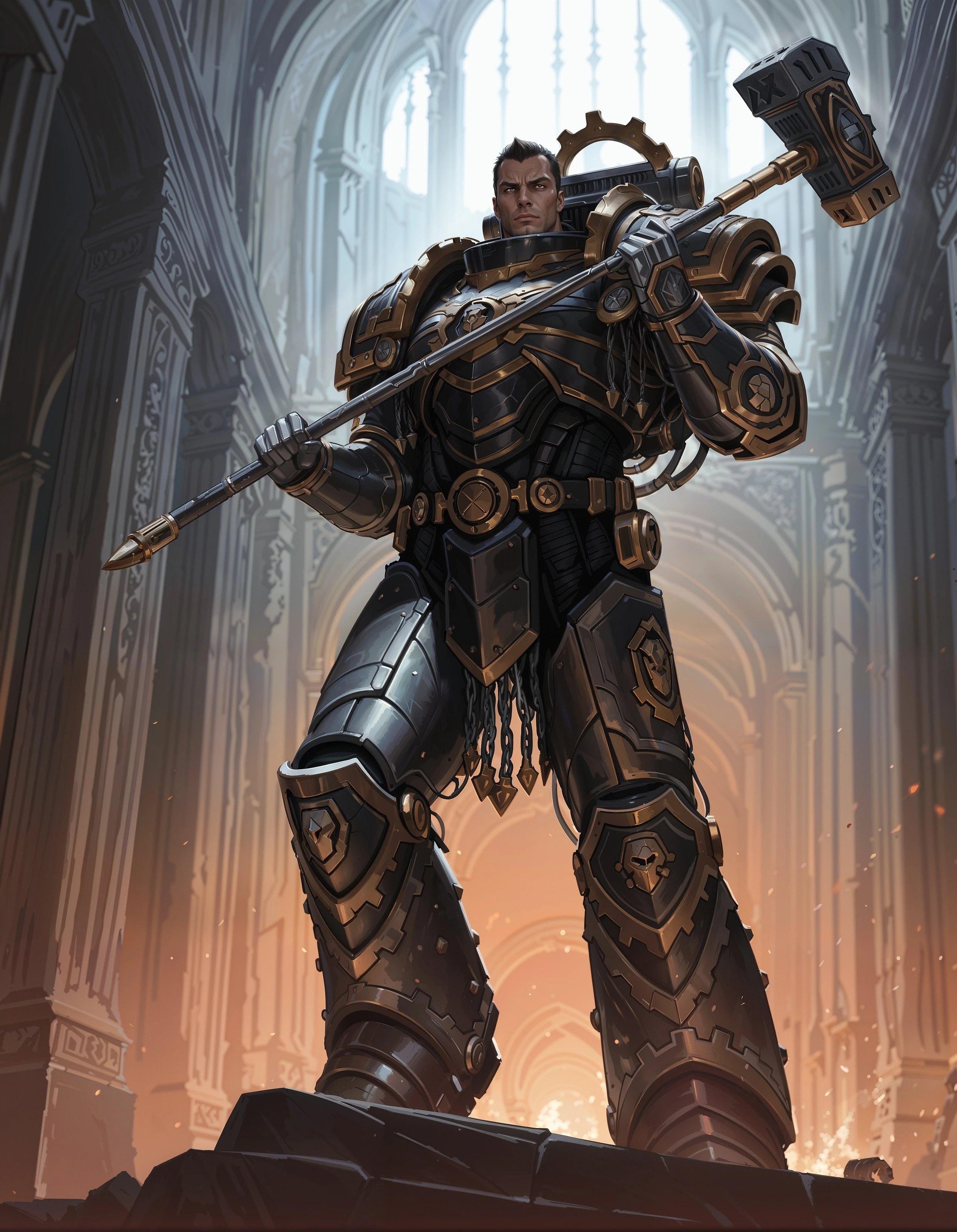 masterpiece, best quality,high quality, newest, highres,8K,HDR,absurdres, dynamic angle, realistic, 1boy, iLLFerrusM40k, solo, metallic arms, power armor, determined eyes, holding a hammer, in a palace <lora:iLLFerrusM40k:1>