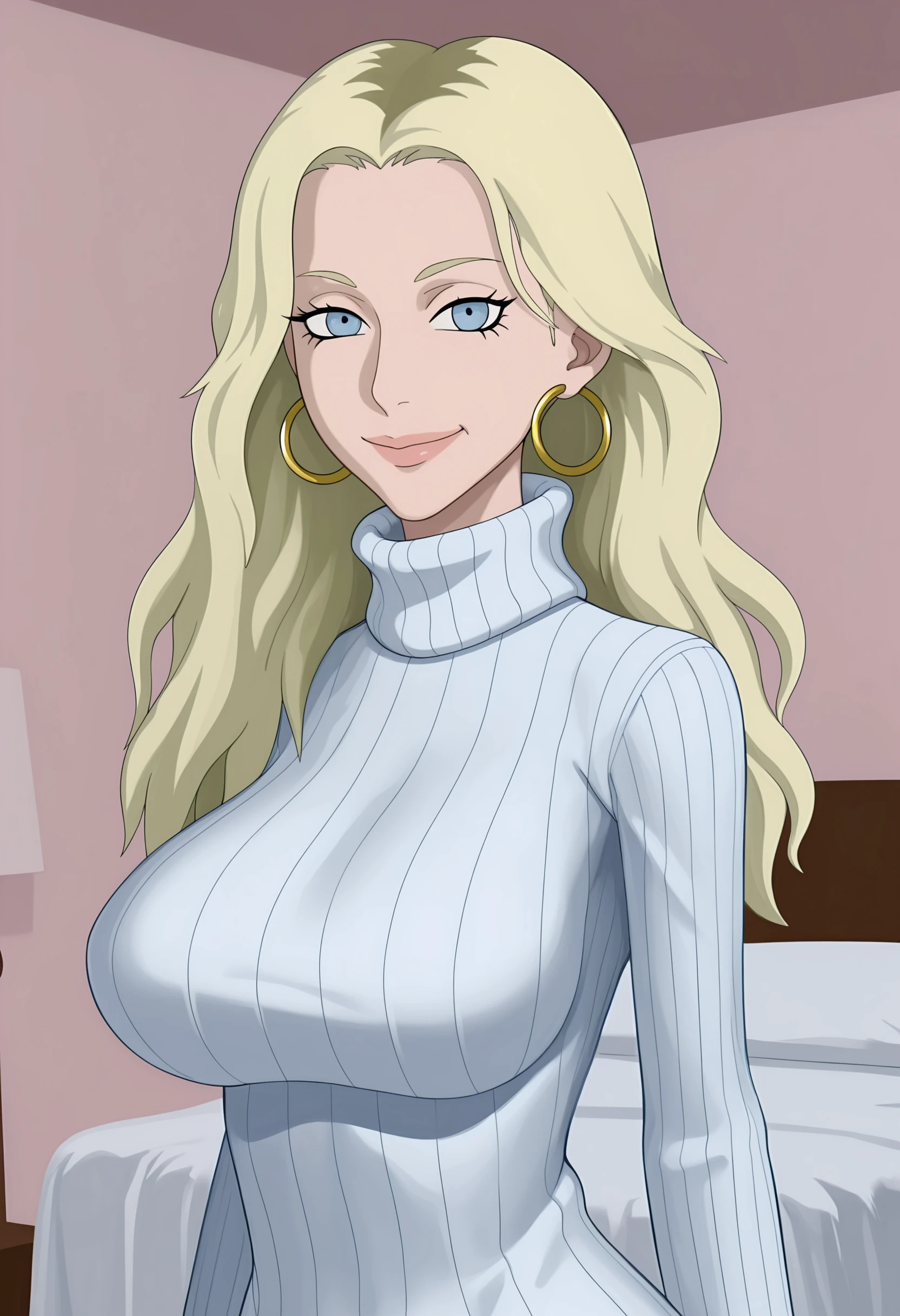 masterpiece, best quality, amazing quality, very aesthetic, absurdres, newest, <lora:CharmeseFGILf:0.75> ch4ilf, 1girl, blonde hair, long hair, blue eyes, hoop earrings, standing, upper body, wearing white turtleneck, smile, looking at viewer, by raita,
bedroom,,,