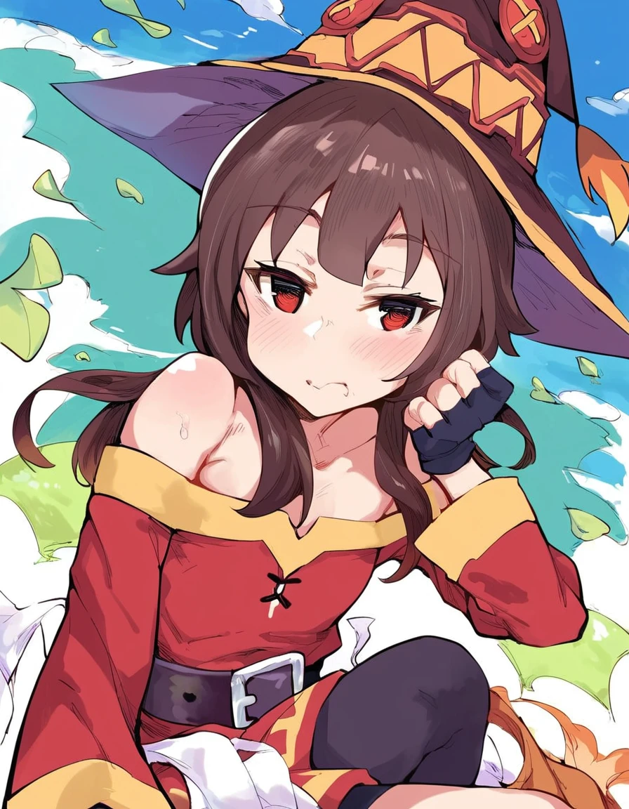 score_9, score_8_up, score_7_up, score_6_up, source_anime, anime coloring, <lora:by_anon-2-okunen-pony-000017:0.8> by anon 2-okunen, megumin, kono_subarashii_sekai_ni_shukufuku_wo!, 1girl, red_eyes, brown_hair