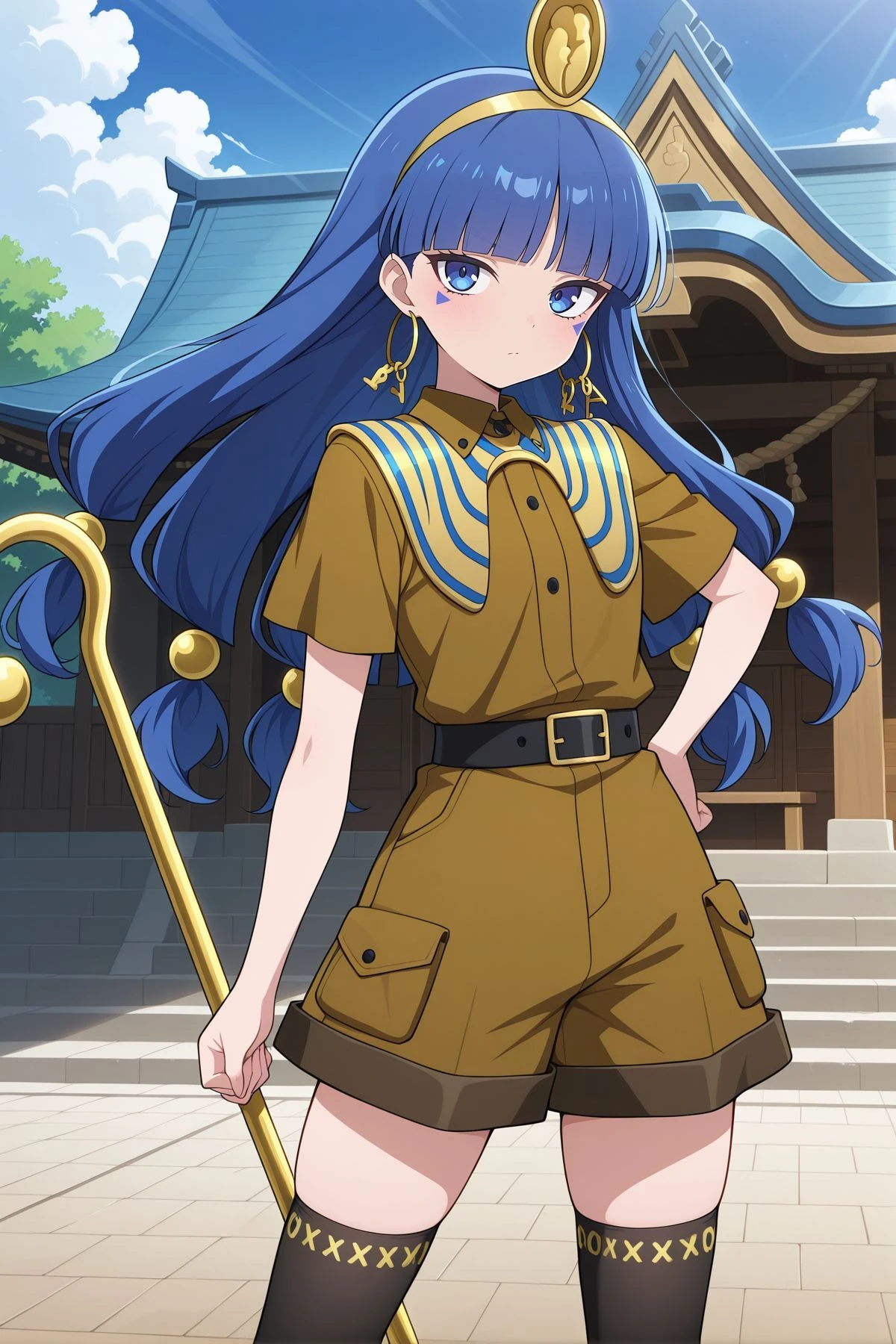 absurdres, highres, masterpiece, best quality, amazing quality, official anime artwork, screencap, anime screencap, outdoors, looking at viewer, dynamic pose,
<lora:Nareko-Michigami_Illustrious:1> michigami nareko, 1girl, solo, blue eyes, blue hair, low-tied long hair, blunt bangs, triangle facial mark,, gold headdress, hair ornament, hoop earrings, usekh collar, gold jewelry, brown shirt, gold armlet, brown shorts, black thighhighs, holding cane, ankh, scepter,
day, shrine,
