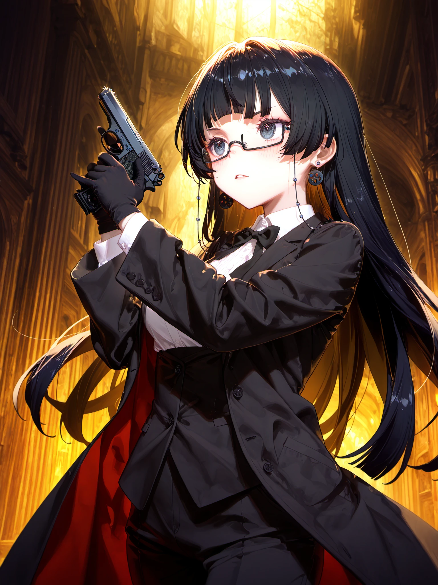 fenrir \(fenriluuu\), ask \(askzy\), tianliang duohe fangdongye, simao \(x_x36131422\), [yoneyama mai], kedama milk, <lora:spo_sdxl_10ep_4k-data_lora_webui:0.5><lora:cfg_scale_boost:0.9> 
<lora:Kuroko2XL:1> Kuroko_YS, 1girl, long hair, black glasses, earrings, eyewear strap, solo, blunt bangs, black hair, black eyes, medium breasts, open coat, formal clothes, walther, dynamic pose, trigger discipline, 
masterpiece, best quality, amazing quality, very aesthetic, absurdres, newest, lazypos, walther ppk, <lora:IL_Walther_PPK:1> JBPis, holding gun,
