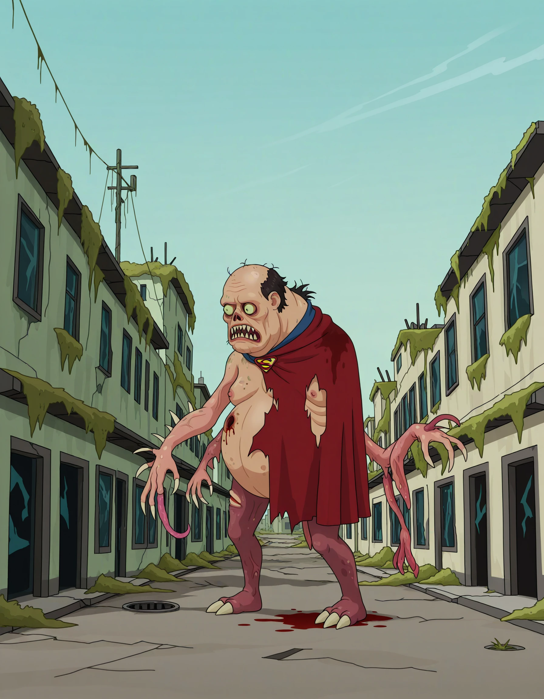 post-apocalypse, rundown, overgrown, mildew, moss, dark, <lora:Madscientist_style:0.7> madscientist, flying, cityscape,
<lora:Cronenbergs_-_Rick_and_Morty_IL:1> rnm_cronenberg, (no humans:1.4), (monster:1.2), mutant, sharp teeth, balding, tentacles, claws, multiple eyes, multiple limbs, torn clothes, messy hair, torn clothes, blood, (superman, black hair, short hair, superhero, red cape, muscular, blue bodysuit:0.8)