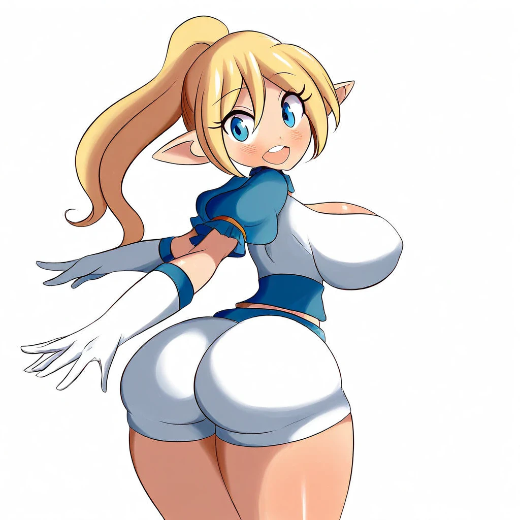 hiquality、16 K、Official art、(NSFW)、adult woman,((Huge breasts)),((big butts)),((thick thighs))、blush,Long hair,Blue eyes,((a blond)),((Forehead))、Sweat,white glove,white knee-socks、((fatness))、((:D))、One eye is closed,Gold bangles,cleavage cutout、((white dres))、a miniskirt、Panchira、Light blue panty、posterior view、from behind