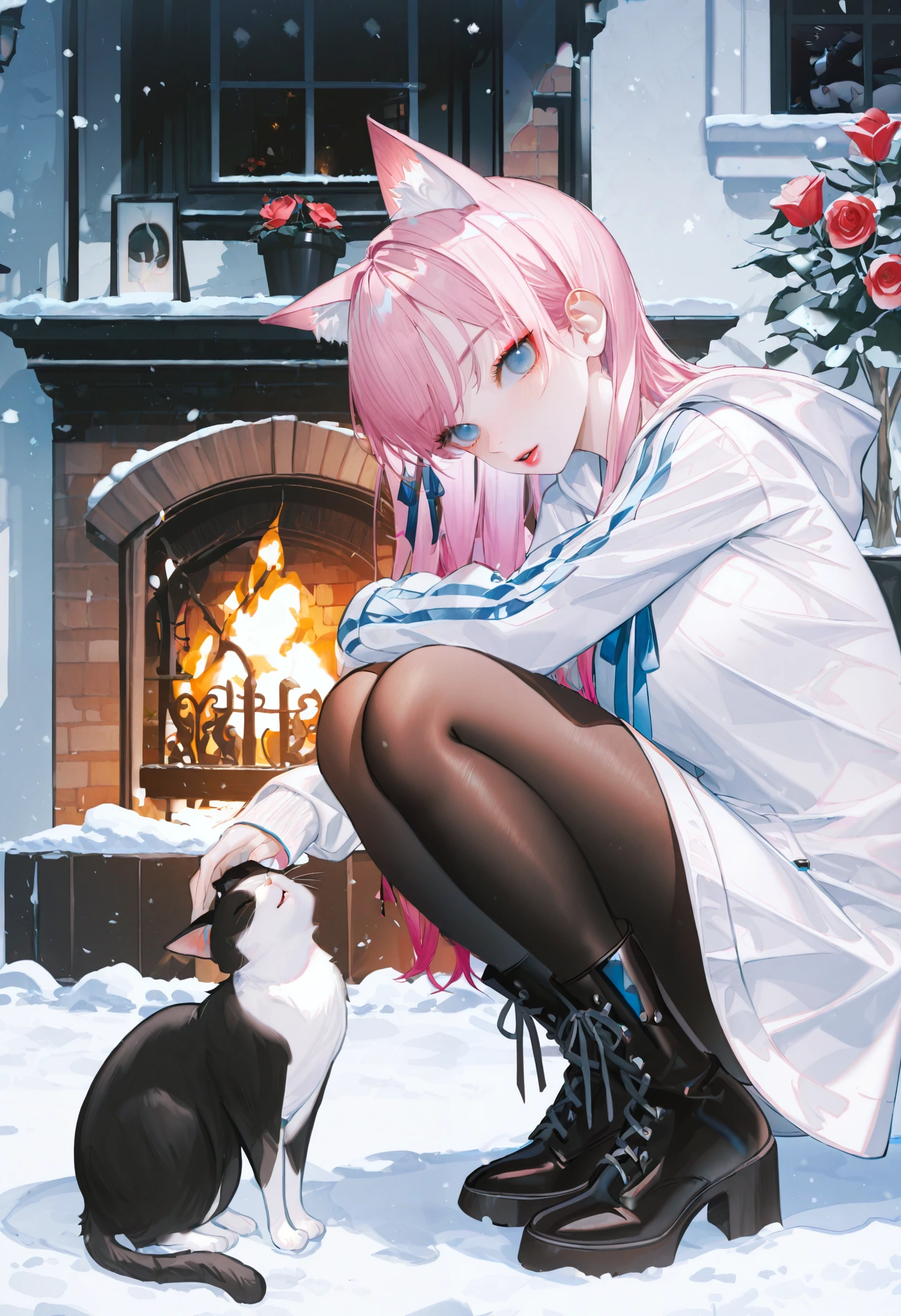 <lora:d2Fua2U=-illustriousXL_v01_V1-CAME-000045>, d2Fua2, 1girl, cat, snow, animal ears, pink hair, fireplace, squatting, long hair, cat ears, fire, boots, hood, looking at viewer, blue eyes, black footwear, solo, red lips, flower, window, hoodie, animal, pantyhose, snowing, plant, white hoodie, extra ears, petting, white cat, winter, potted plant, parted lips, pants, blush, lips, hood down, ribbon, outdoors, from side, makeup, black pantyhose, long sleeves, rose, nose, cross-laced footwear, red flower, day, jacket