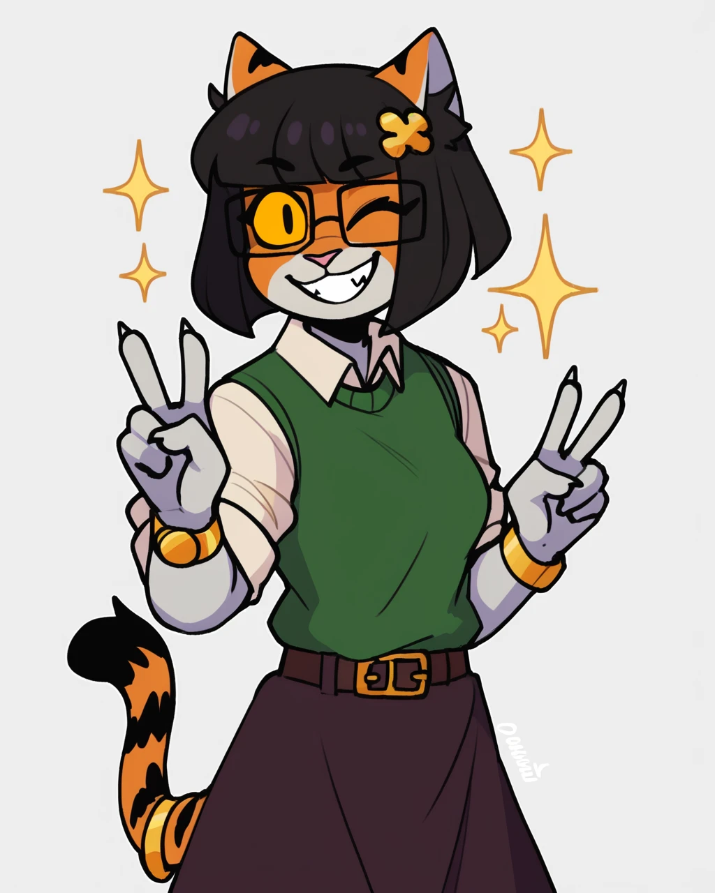score_9_up, score_8_up, score_7_up, score_6_up, by remanedur, half-length portrait, female, black hair, cat, tail, medium breasts, yellow sclera, hair accessory, tail bracelet, hair ornament, tiger tail, shirt, sweater vest, panty hose, skirt, gold wristwatch, bracelet, belt, furry, bangs, square glasses, short hair, looking at viewer, wink, happy, grin, v sign, head tilt, solo, three-quarter view, simple background, white outline, <lora:Leah_Pines(AIM)_XL_v1:0.15> <lora:PDXL_artist_tags_v2_big:0.5> <lora:The-Minuscule-Task_PDXL_v1.0:0.6> <lora:Kaede_murninatair:0.7>