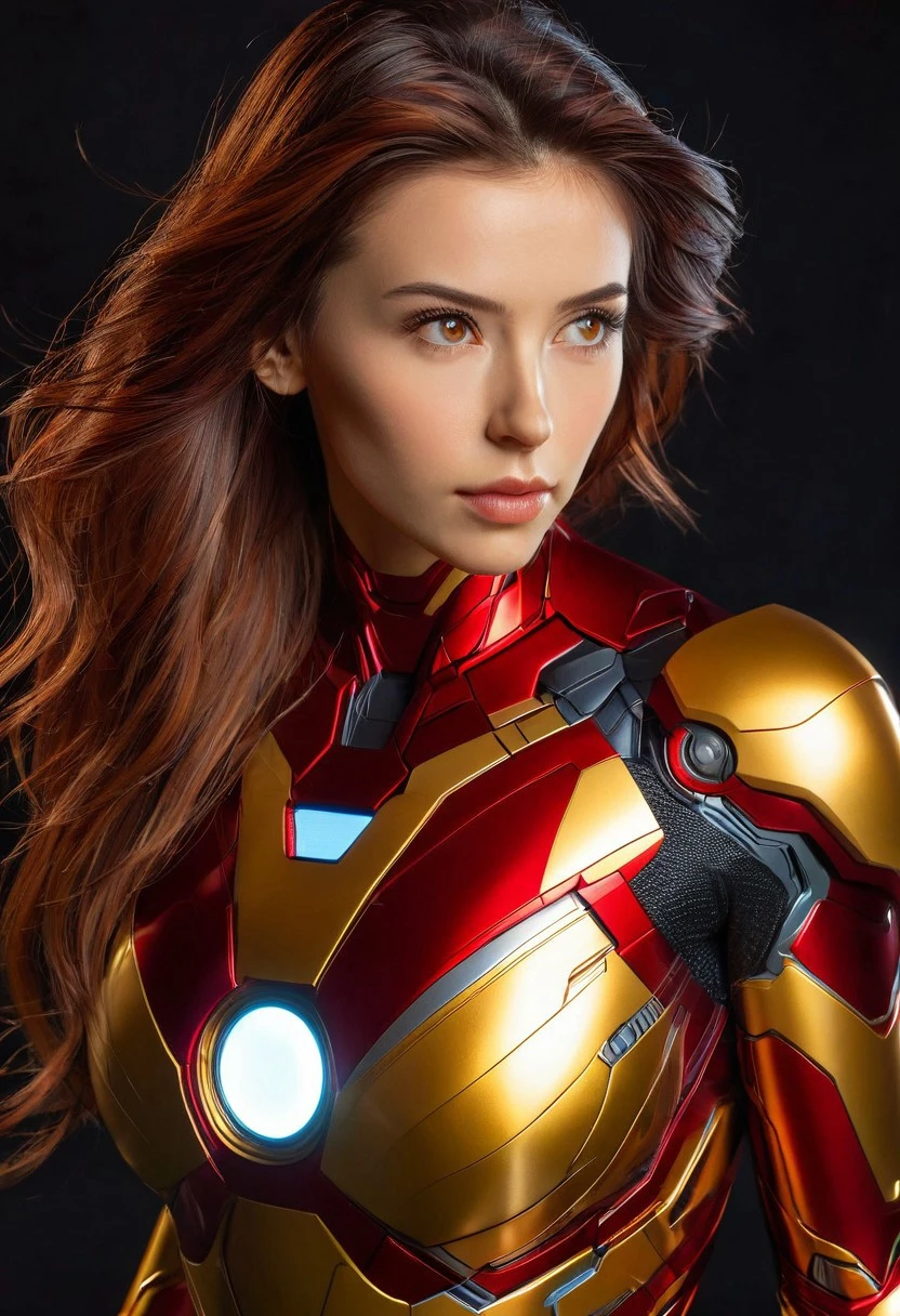 (high quality), (masterpiece), (detailed), 8K, Hyper-realistic depiction of (female figure1.2) wearing (Ironman suit1.3), vibrant (red and gold armor1.2) with ( Complex circuitry1.2) and (gleaming metallic surface1.2), (determined expression1.2) on (beautiful face1.2). Shot with Canon EOS 5D Mark IV and Canon EF 85mm f1.4L IS USM lens, By Simon Dominic. Trending on Artstation.