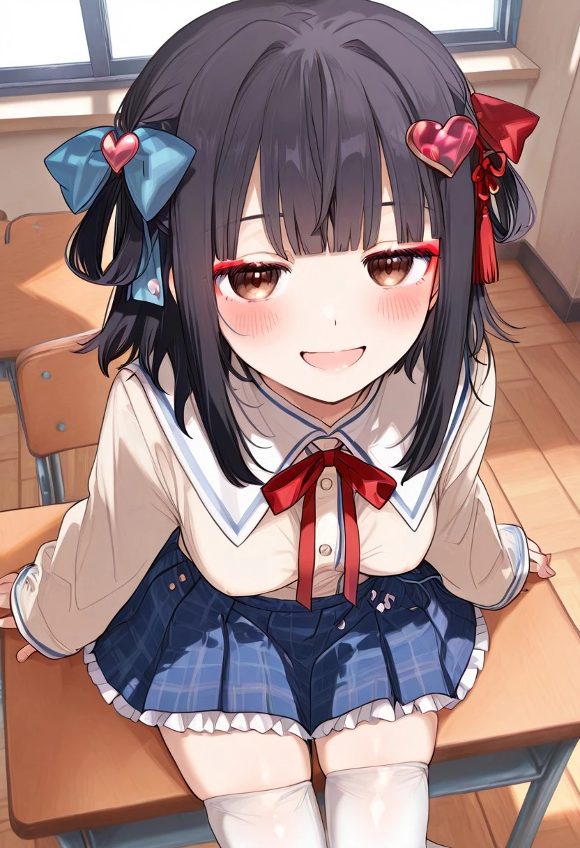 great quality,1girl,solo, (almic:0.9),(ogipote,akakura:0.8),(sofra,sincos:0.6),(karyln,momisan:0.9),flannel skirt, pleated white and blue skirt, white thighhighs,sleeves past wrists,hair bow,long sleeves,beige blouse,,blue bow, heart hair ornament, heart hair ornament, , zettai ryouiki, red ribbon,white sailor collar,white frilled skirt,smile,indoors,classroom,,brown eyes,res tassel hair ornaments,red tassel on sidelocks,red eyeliner,(jitome:0.8),(perky breasts:0.8),,looking at viewer, on desk,from above, sitting,black hair,dutch angle