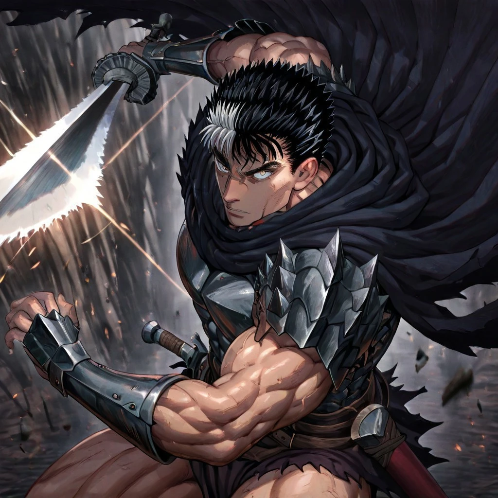 masterpiece, best quality, newest, absurdres, highres, 
INCSV1.0, incoming attack, holding sword, sword, holding weapon, holding, weapon,
1boy, guts_(berserk), spiked hair, muscular male, multicolored hair, black hair, white hair, armor,
