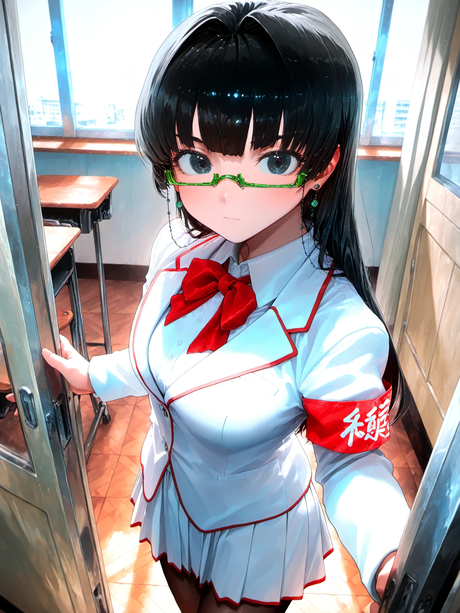 ekrea_jan, modare, mikozin, imizu \(nitro unknown\) <lora:spo_sdxl_10ep_4k-data_lora_webui:0.5><lora:cfg_scale_boost:0.9> <lora:Nyalia_-_Style:0.4>
<lora:Kuroko2XL:1> Kuroko_YS, 1girl, long hair, white school uniform, red bowtie, red armband, pleated skirt, green glasses, earrings, eyewear strap, solo, blunt bangs, black pantyhose, black hair, black eyes, medium breasts,
masterpiece, best quality, amazing quality, very aesthetic, absurdres, newest, indoors, classroom, foreshortening, doorway, looking at viewer,