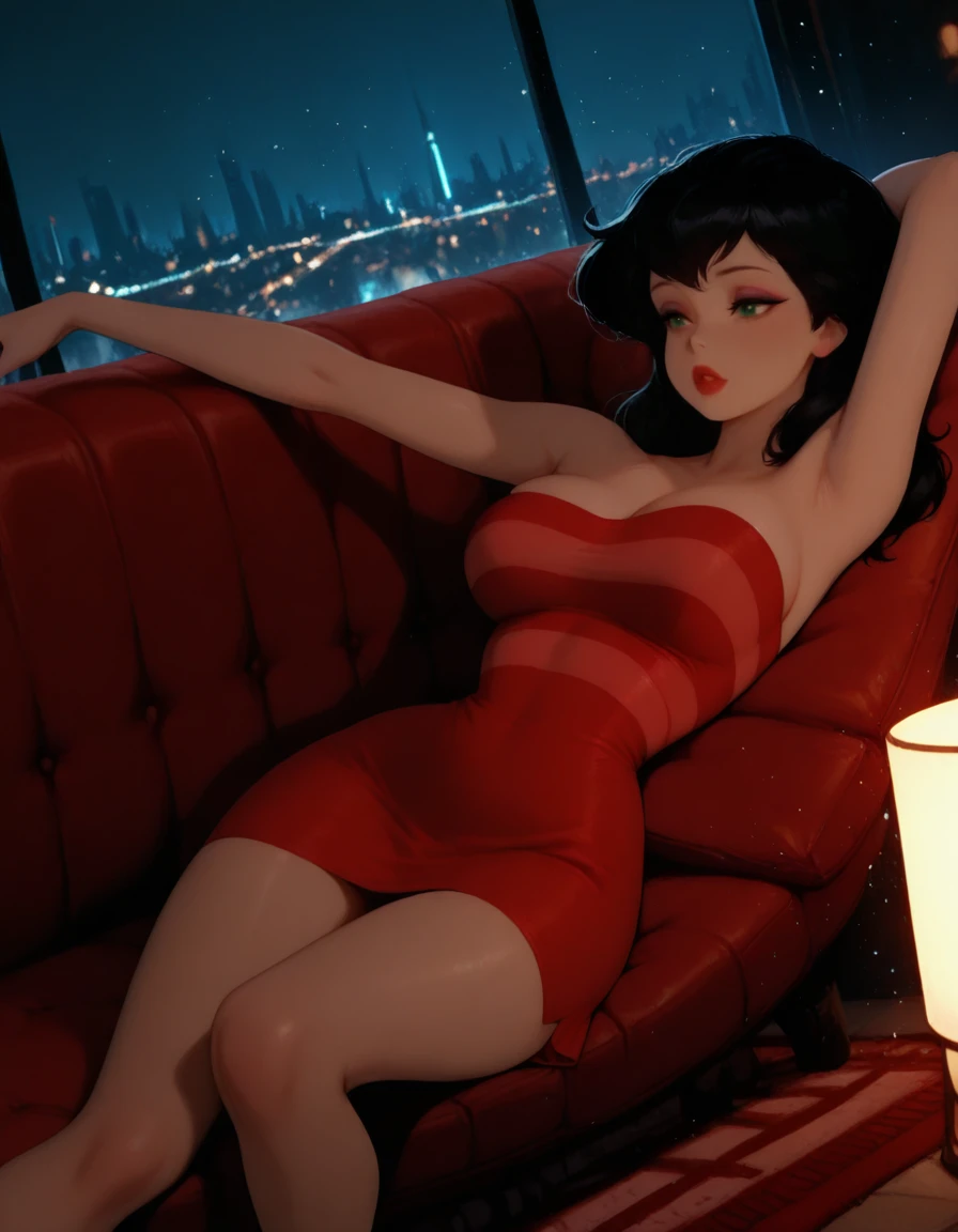 masterpiece, best quality, 1girl, solo, absurdres,
large breasts,
LonetteCW,
black hair, eyeshadow, green eyes,
red dress, strapless, striped dress, short dress,
dutch angle, lying on a fluffy rug, one leg bent, arms stretched overhead, dreamy look, ,
city, street, night,
blurry background, glowing, light particles,
embedding:SmoothQuality,