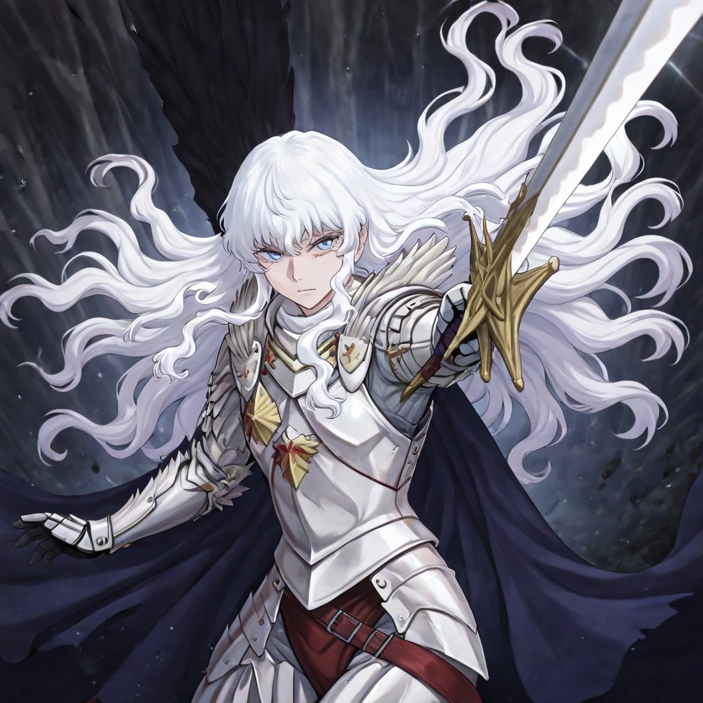 masterpiece, best quality, newest, absurdres, highres, 
INCSV1.0, incoming attack, holding sword, sword, holding weapon, holding, weapon,
1boy, griffith_(berserk), white hair, blue eyes, wavy hair, armor,