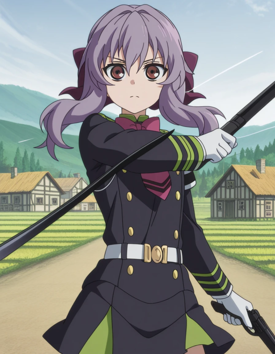 masterpiece, best quality, amazing quality,, <lora:shinoa-hiiragi-s2-illustriousxl-lora-nochekaiser:1>, shinoa hiiragi, hiiragi shinoa, long hair, bow, brown eyes, purple hair, hair bow, anime screencap, white gloves, uniform, military, military uniform,, <lora:dynamic-pose-illustriousxl-lora-nochekaiser:1>, dynamic pose, holding weapon, weapon, holding, dual wielding, cowboy shot, village, houses, community, rural, farms, cowboy shot, solo, looking at viewer,