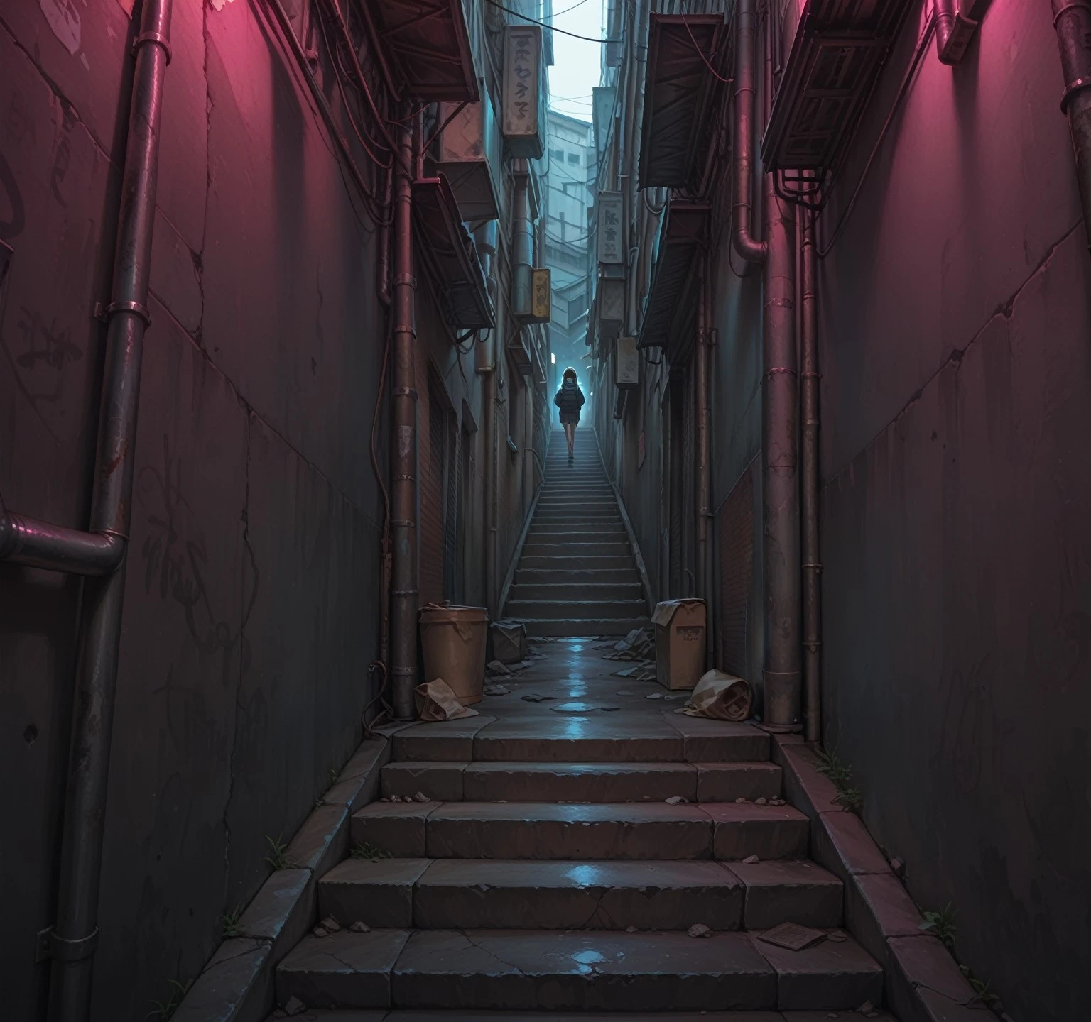 (masterpiece, best quality), alley, stairs <lora:BackAlley_illustrious-10:1>