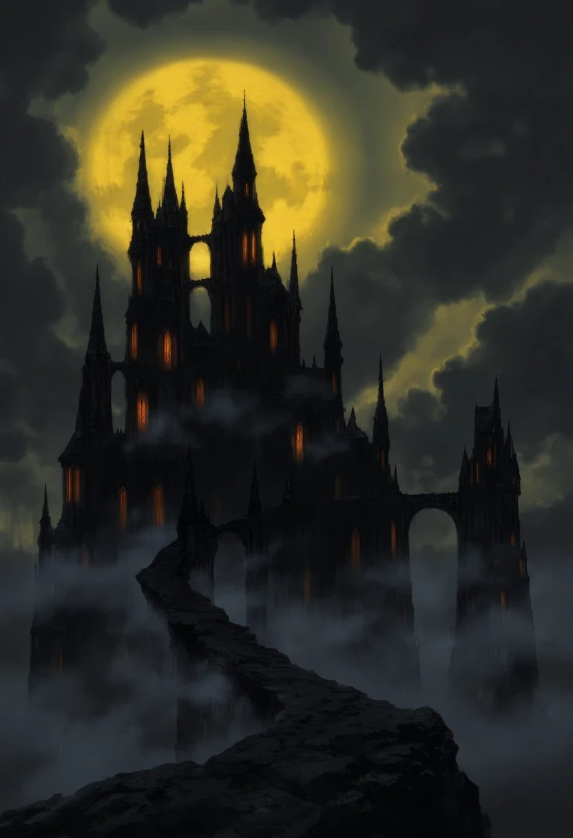 Au_cncpt. The image is a digital drawing in a dark, atmospheric, Gothic style, depicting a mystical, eerie castle or fortress set in a misty, moonlit landscape. The structure is a sprawling, dark silhouette with intricate, pointed spires and towers, evoking a medieval or fantasy architectural theme. The castle is shrouded in a thick, swirling fog that obscures the lower parts of the structure, giving it an ethereal, ghostly appearance.
The towers and walls are adorned with numerous, glowing windows, casting a soft, warm light that contrasts with the dark, ominous silhouette of the castle. The light is a deep, warm yellow, which seems to emanate from within the structure, adding a sense of mystery and intrigue.
The sky above is filled with dark, stormy clouds that are illuminated by a muted, yellowish moon or possibly a lantern light, casting long, eerie shadows across the scene.