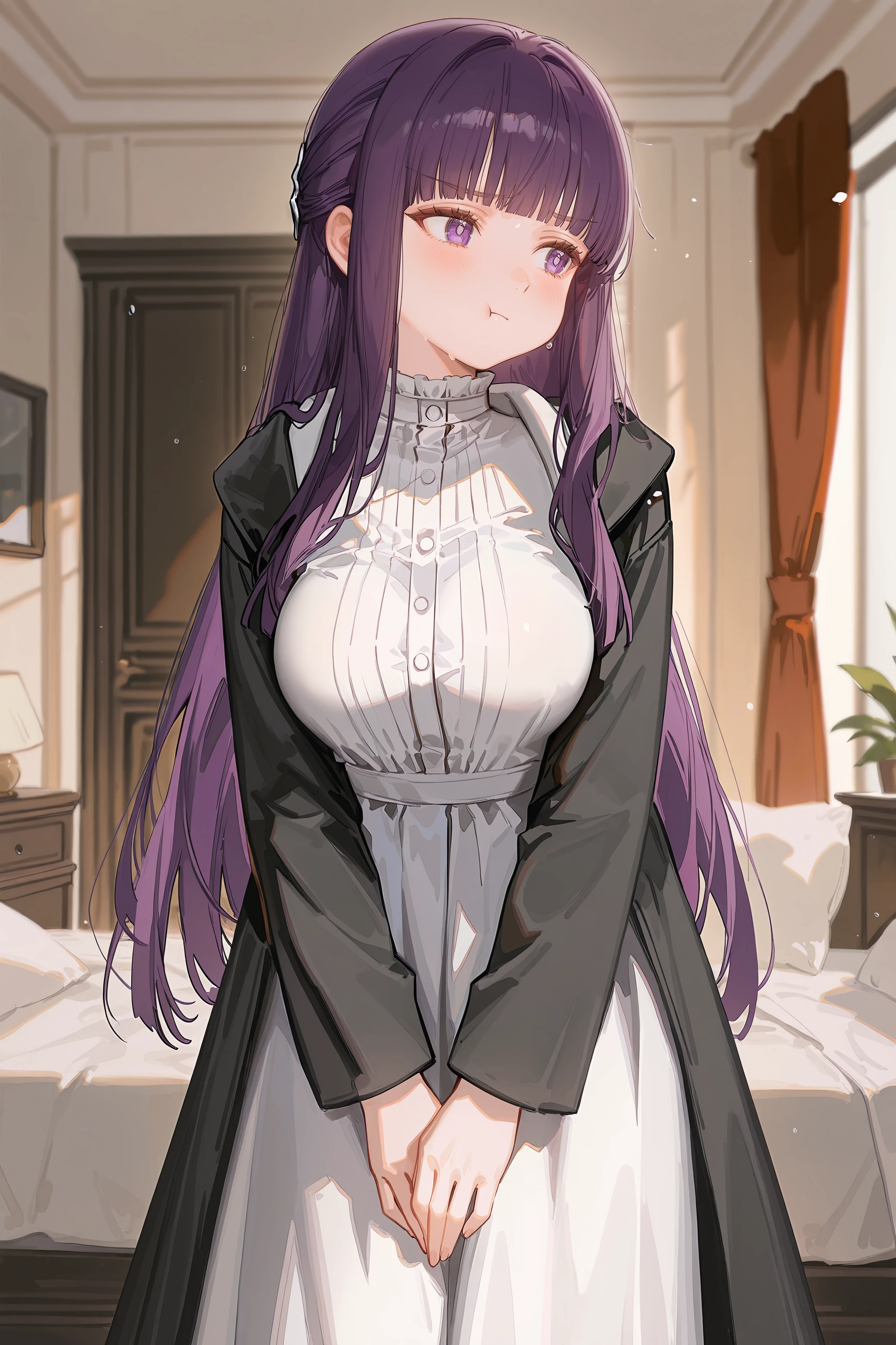 1girl, fern \(sousou no frieren\), solo, large breasts, black coat, long white dress, cowboy shot, breasts squeezed together , v arms, large breasts, pout, :t, looking to the side, blush, bedroom, depth of field <lora:Char-Fern-IL-V1:0.8:hr=0.6>, ciloranko, alphonse \(white datura\), ask \(askzy\), gomzi, you shimizu
masterpiece, best quality, amazing quality, very aesthetic, absurdres, newest, (scenery, volumetric lighting), ray tracing, (bloom:1.4), cinematic