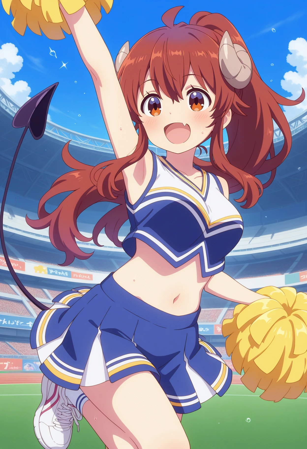 best quality, masterpiece, 1girl, aayuuko, long hair, brown hair, ahoge, horns, brown eyes, fang, demon tail, <lora:yoshida_yuuko_ilxl_v1:0.9>, ponytail, cheerleader, midriff, pom pom \(cheerleading\), stadium, standing on one leg, sneakers, cowboy shot, laughing, open mouth, arm up,