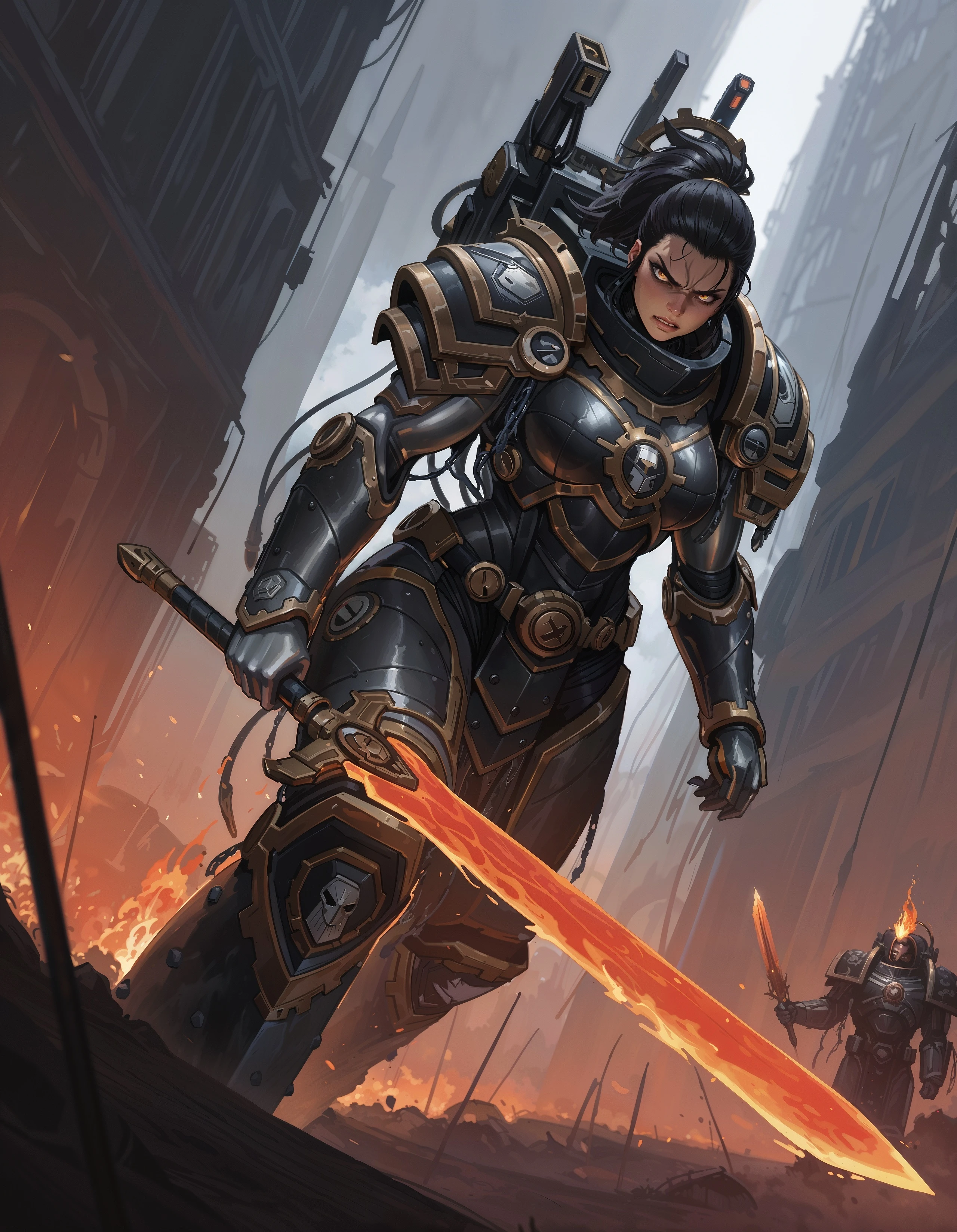 masterpiece, best quality,high quality, newest, highres,8K,HDR,absurdres, dynamic angle, realistic, 1girl, iLLFerrusM40k, solo, power armor, determined eyes, angry, holding a fire sword, metallic arms, dark aura, in a battlefield, <lora:iLLFerrusM40k:1>