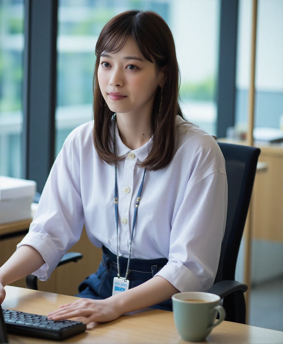 A candid photograph of (sks woman:1), Fukuoka office building, The Managerâs Email
The subject line is in all caps. Again. Her fingers hover over the keyboard, perfectly still. Around her, the hum of printers, phones, and hushed conversations carries on.
She wears her white button-up shirt with the collar stiff, cuffs unrolled, and navy slacks with a subtle pinstripe. Her company lanyard drapes neatly across her chest, and a ceramic mug filled with cooling tea sits untouched beside her monitor.
She types a short reply, polite to the edge of sarcasm.
Then she deletes it. And starts over.