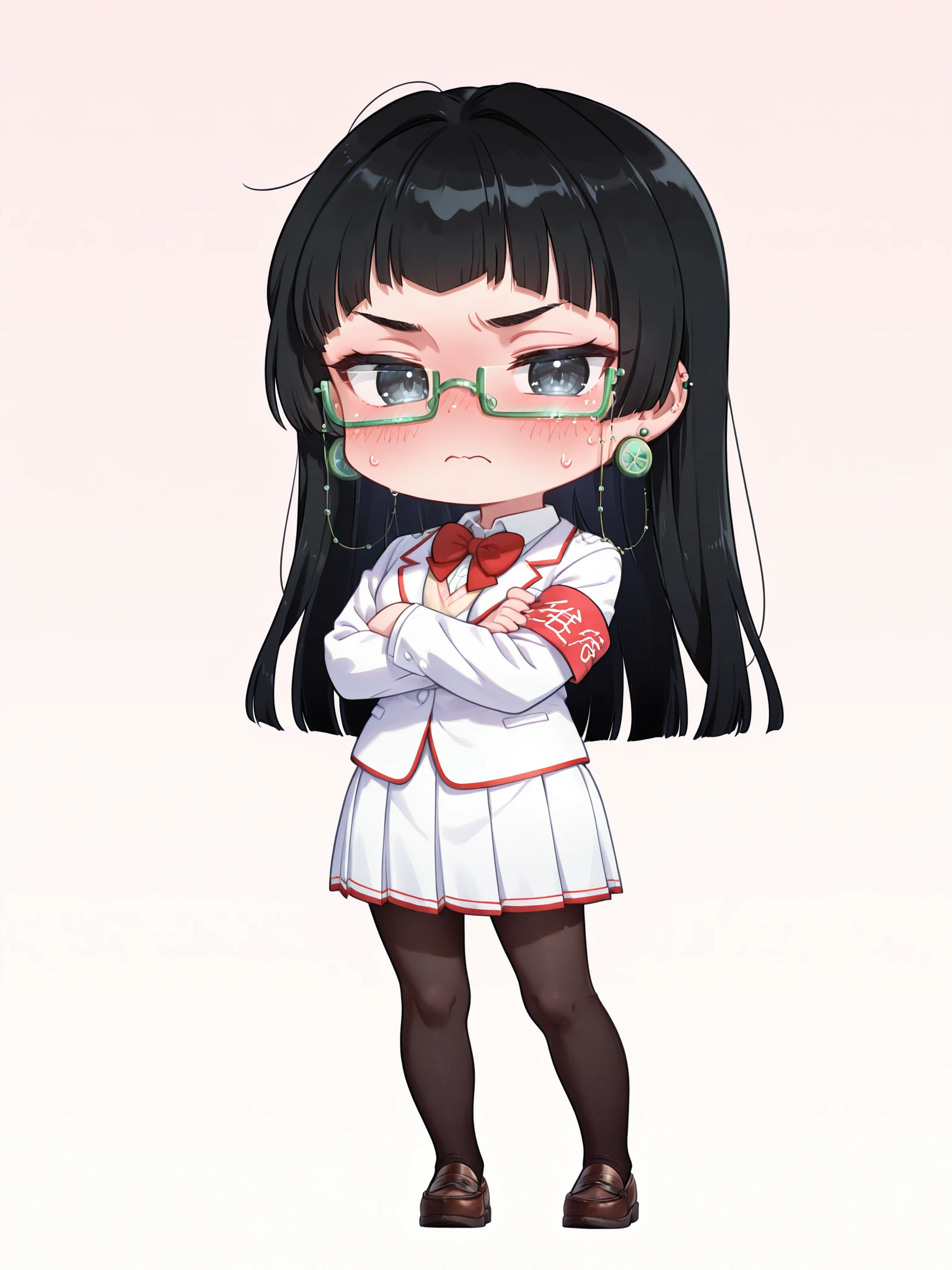 <lora:Kuroko2XL:1> Kuroko_YS, 1girl, long hair, white school uniform, red bowtie, red armband, pleated skirt, green glasses, earrings, eyewear strap, solo, blunt bangs, looking at viewer, black pantyhose, simple background, loafers, flustered, chibi, full body, black hair, crossed arms, black eyes, 
masterpiece, best quality, amazing quality, very aesthetic, absurdres, newest, [lazypos], gradient background, <lora:cfg_scale_boost:0.9> <lora:spo_sdxl_10ep_4k-data_lora_webui:0.4> <lora:retrocute:1> <lora:omoyunakyu715-_style_Illustrious:0.3> omoyu_nakyu715