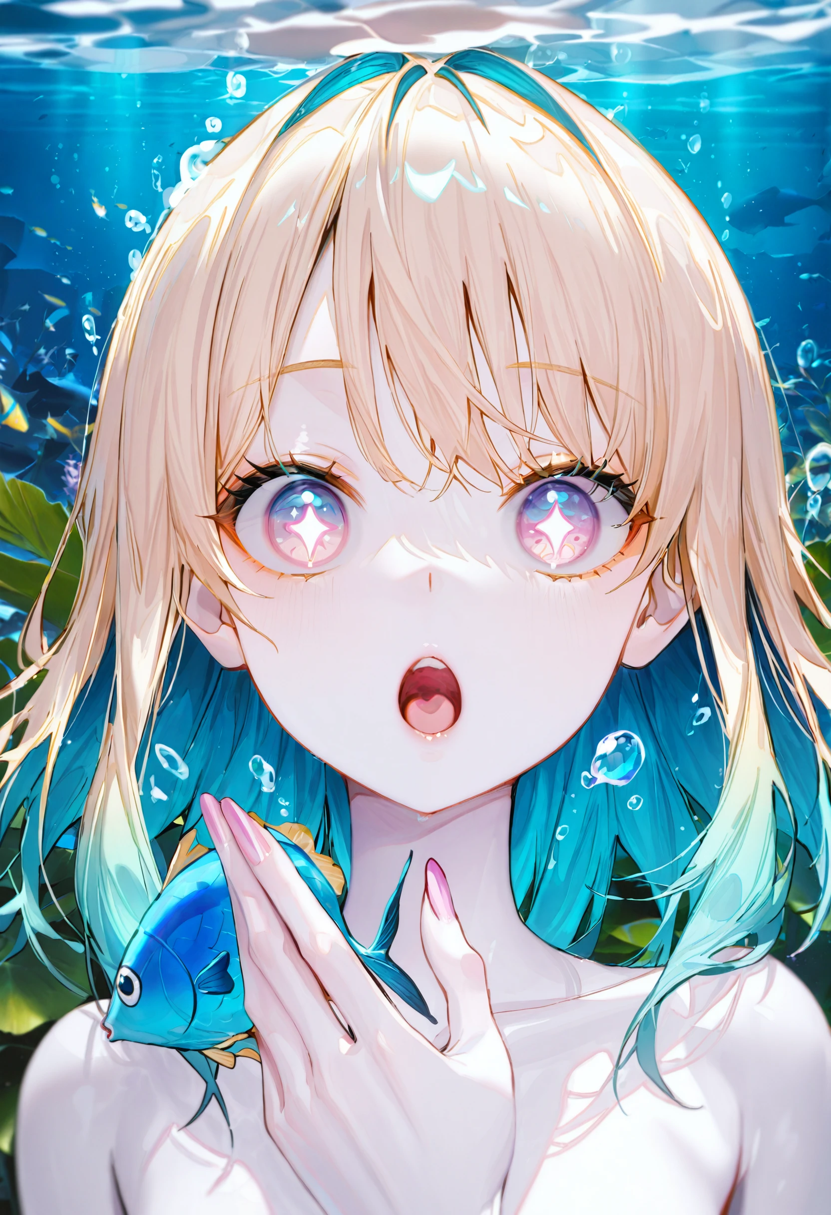 <lora:d2Fua2U=-illustriousXL_v01_V1-CAME-000045>, d2Fua2, 1girl, fish, fingernails, pink nails, solo, bubble, air bubble, star-shaped pupils, blue hair, star \(symbol\), symbol-shaped pupils, underwater, plant, :o, open mouth, blue eyes, aqua hair, looking at viewer, nail polish, blonde hair, portrait, multicolored hair, white skin, tropical fish, pink eyes, leaf, close-up, multicolored eyes, colored skin, purple eyes, water