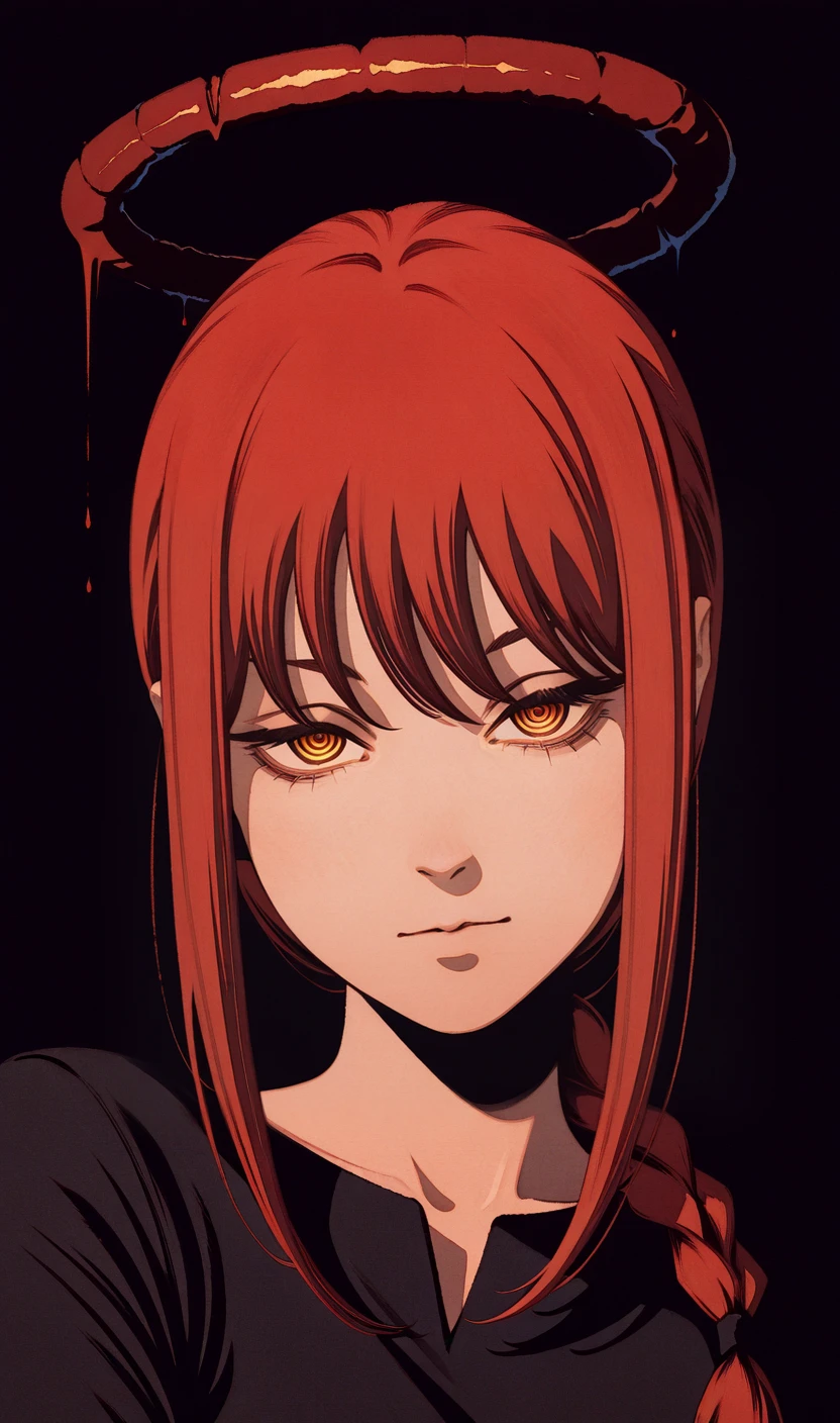 masterpiece,best quality, seductive, mature female, <lora:Makima:1>, solo, makima, makima \(chainsaw man\), red hair, yellow eyes, ringed eyes, black dress, blood halo, looking at viewer, expressionless, moshimoshibe style, texture, painterly, simple background,portrait,