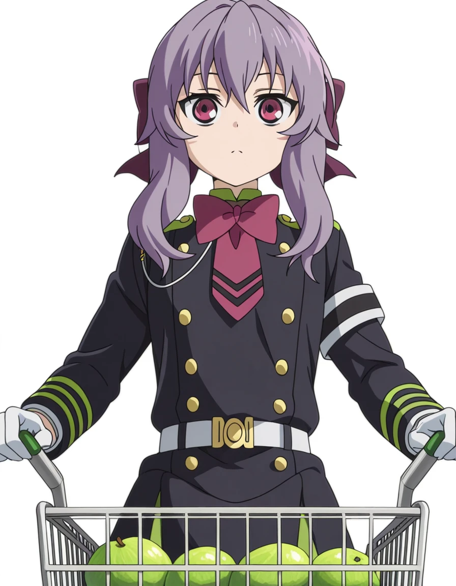 masterpiece, best quality, amazing quality,, <lora:shinoa-hiiragi-s2-illustriousxl-lora-nochekaiser:1>, shinoa hiiragi, hiiragi shinoa, long hair, bow, brown eyes, purple hair, hair bow, anime screencap, white gloves, uniform, military, military uniform,, from below, grocery store, shopping cart, picking fruits, everyday life, cowboy shot, solo, looking at viewer, <lora:transparent-background-illustriousxl-lora-nochekaiser:1>, transparent background, simple background, white background