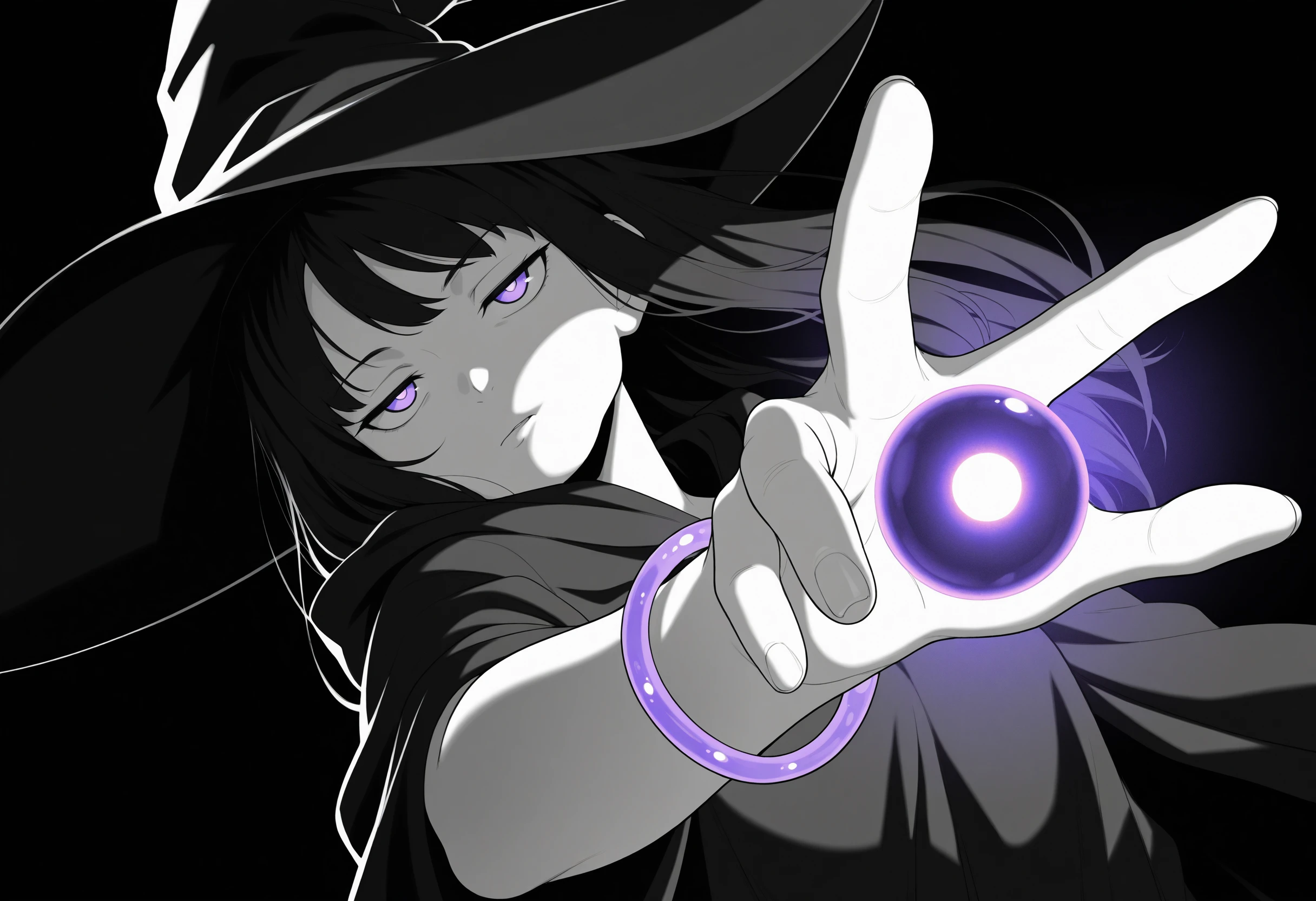 masterpiece, best quality, amazing quality, very aesthetic, high resolution, very awa,
dynamic pose, dutch angle, clear picture, uncensored, anime coloring,  [realistic::0.4],
two-finger, upper body, perspective, monochrome, greyscale, partially colored, glowing purple bracelet, glowing purple eyes, orb, jitome, witch hat, reaching, hand focus, film grain