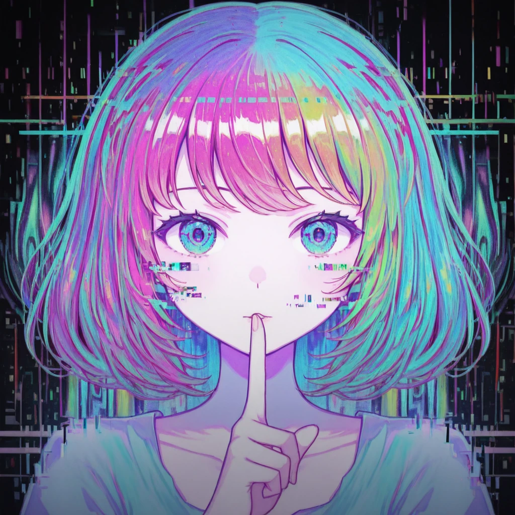 <lora:Glitch_Concept:1.4> k4, abstract, colorful, glitch, 1girl, solo, Shushing with finger to lips
