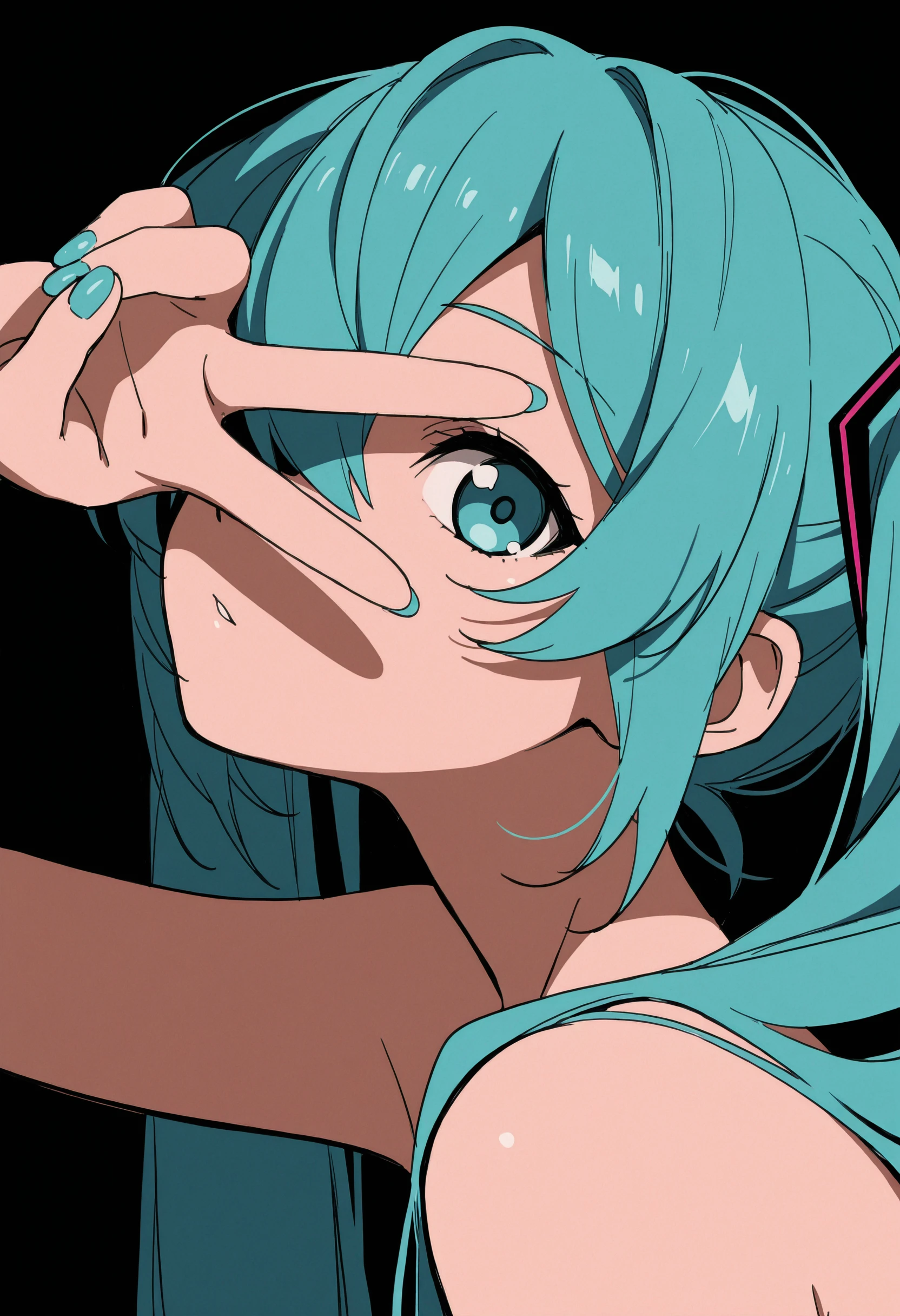 masterpiece, best quality, newest, absurdres, highres, very awa, anime screencap, sketch, limited palette, 1girl, solo, from side, side angle, foreshortening, aqua nails, aqua hair, looking at viewer, close-up, miku, fingernails, twintails, v over eye, one eye covered, film grain,