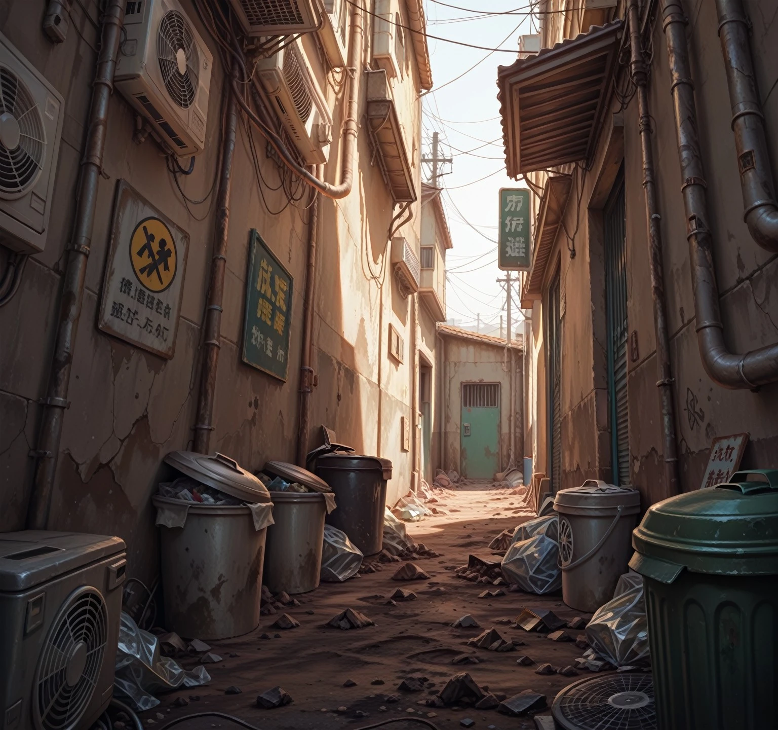 (masterpiece, best quality), realistic, (narrow alley), scenery, indoors, sign, power lines, trashcans, ((trash, dirt, clutter)), day, air conditioner:0.6, dynamic angle,<lora:BackAlley_illustrious-10:0.9>